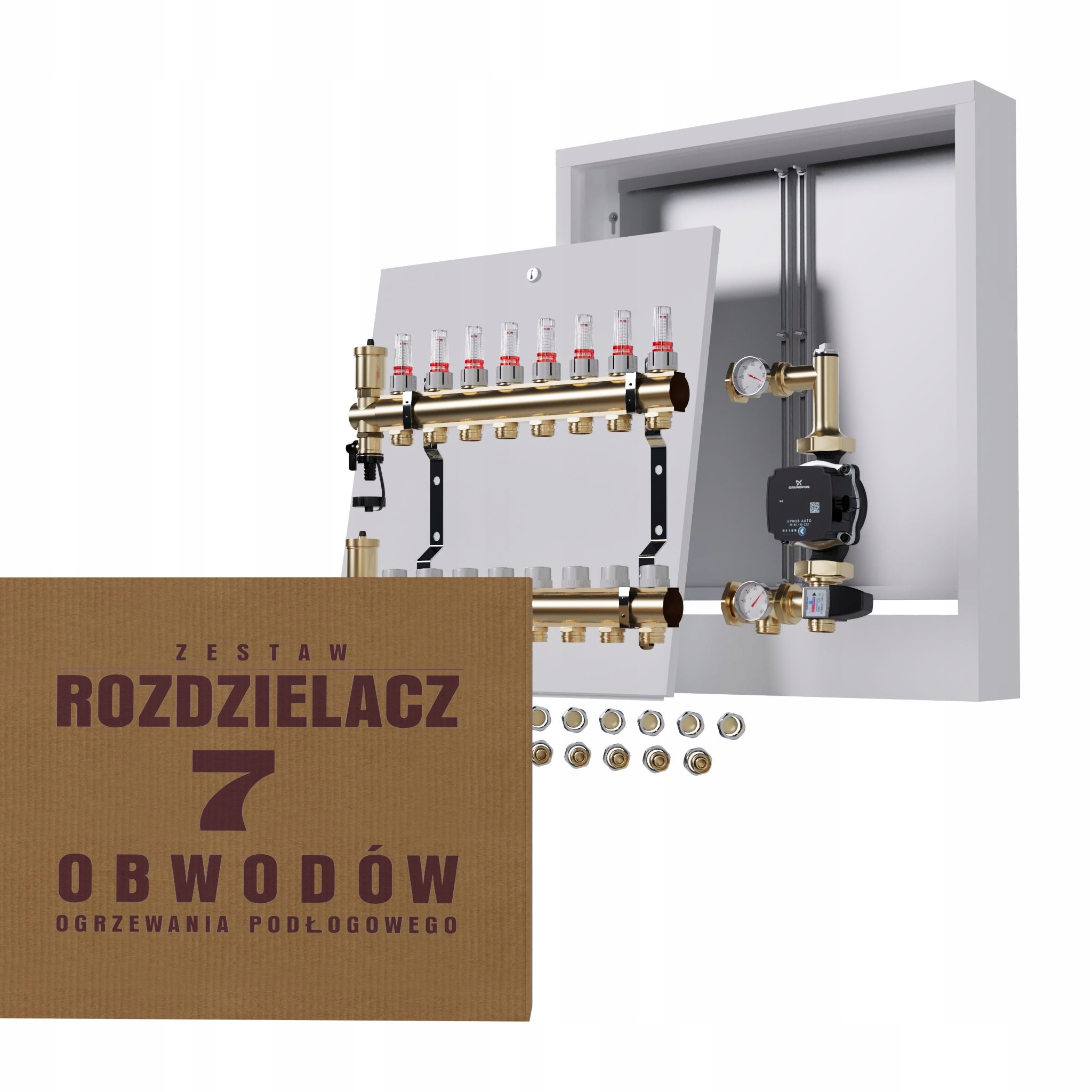 Rozdělovač pro podlahu 7 sekcí s čerpadlem GRUNDFOS+nástěnná skříňka+PEX