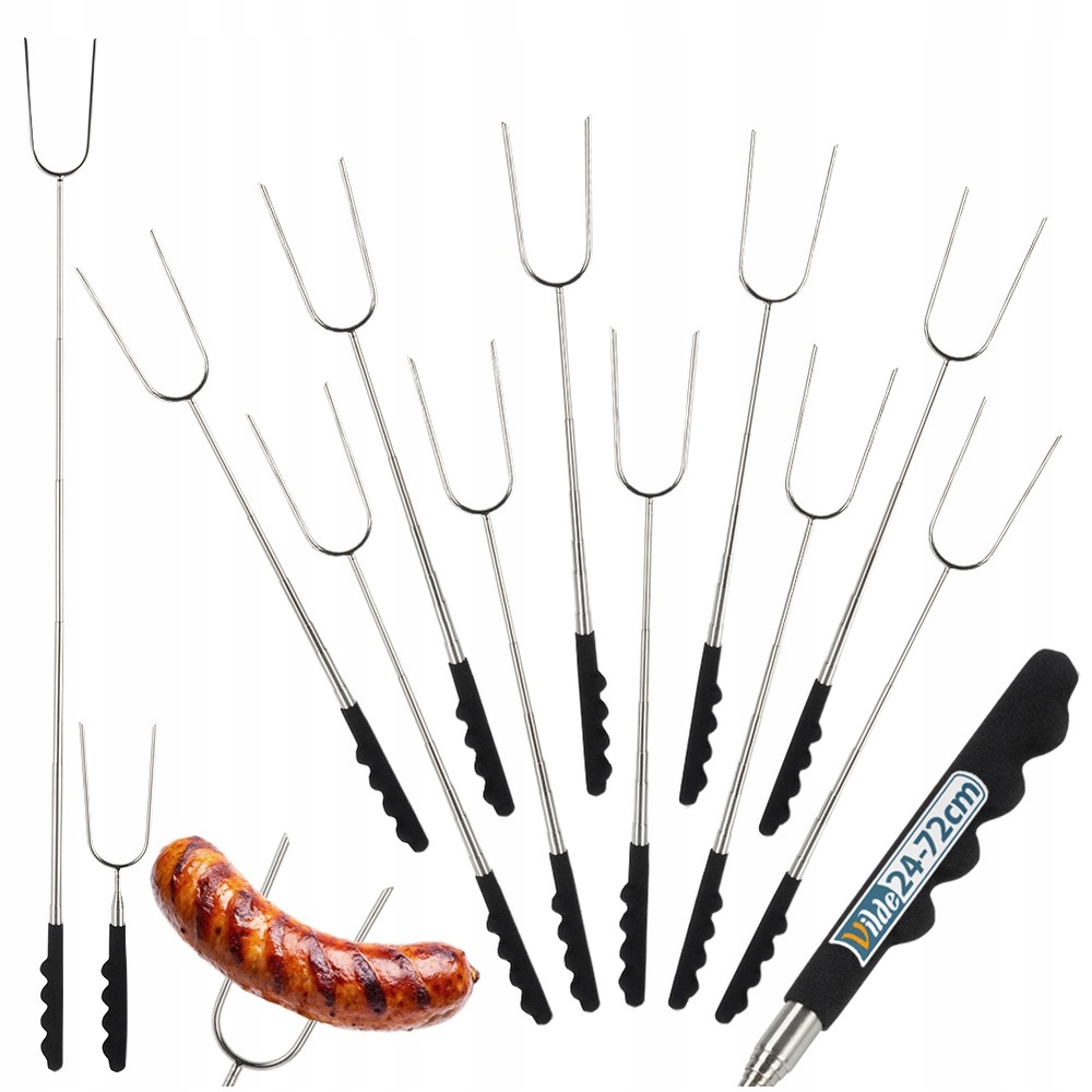 10 x Vidlička na oheň, klobása teleskopická, rozkládací, ocelová