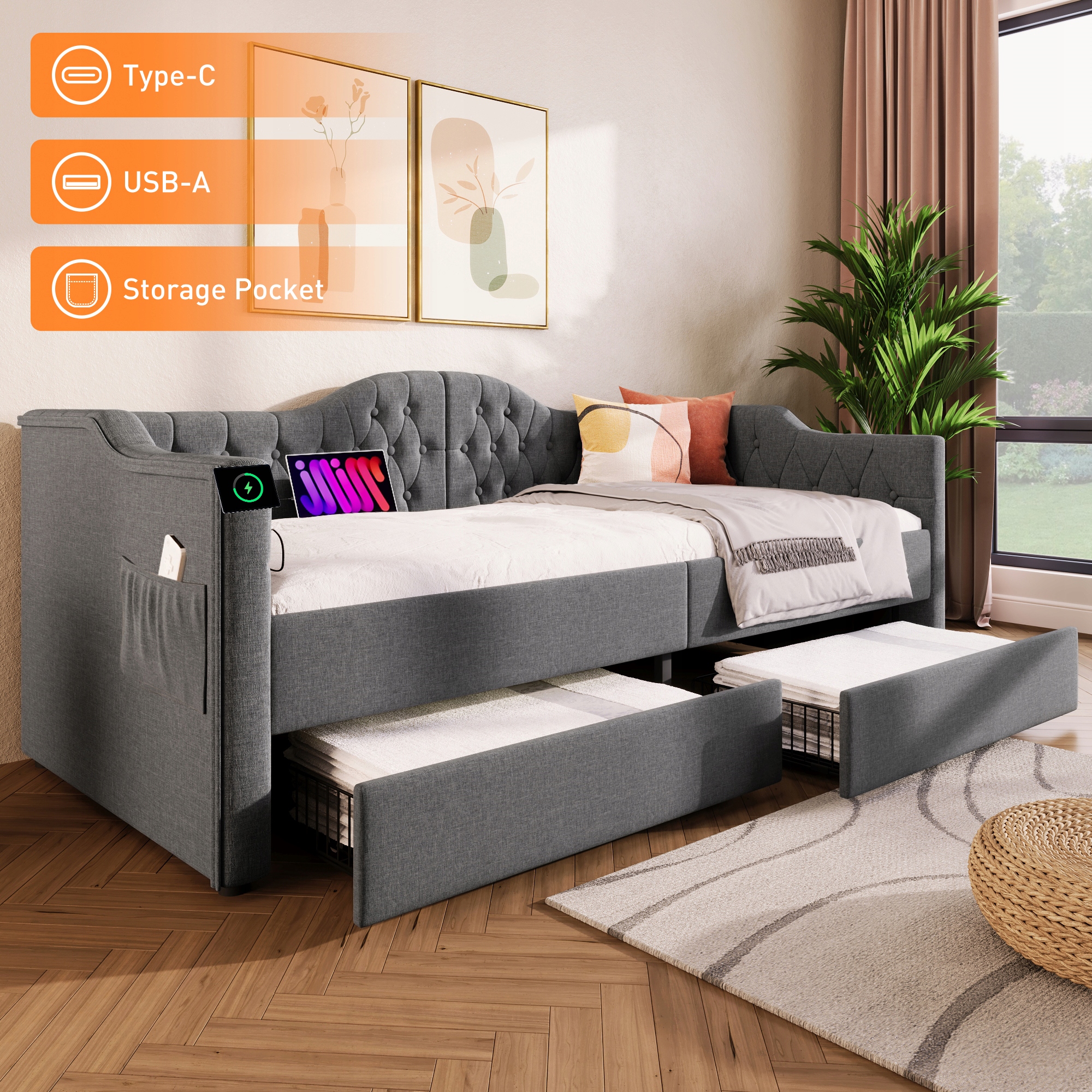 Dzień Łóżko 90x190 Szare Z Usb-c Bez Materaca