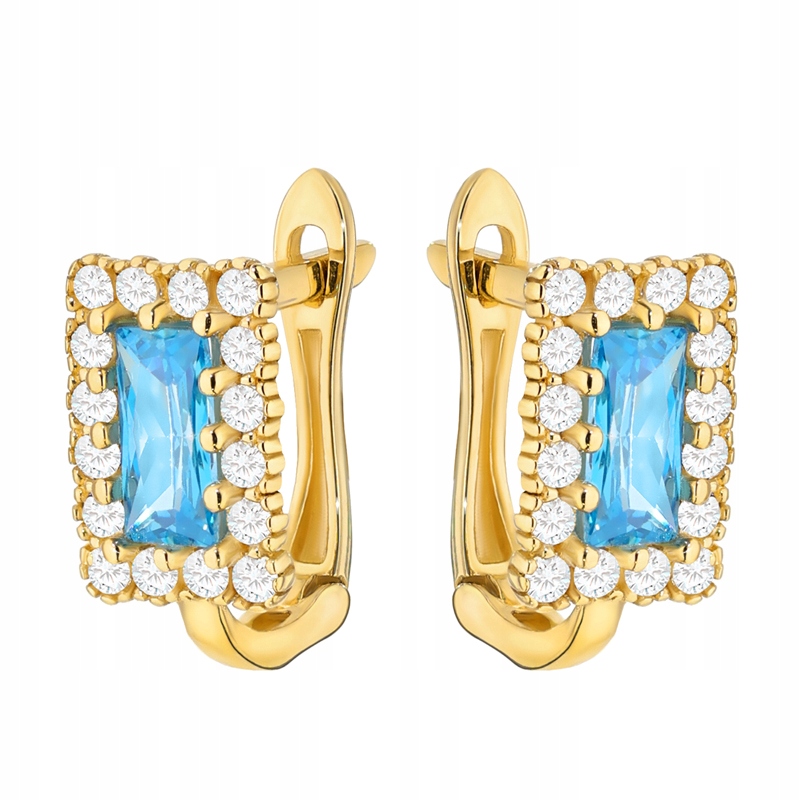 Zlaté Náušnice Dámské Anglické pr 585 Obdélníky Modré Zirkony 14k