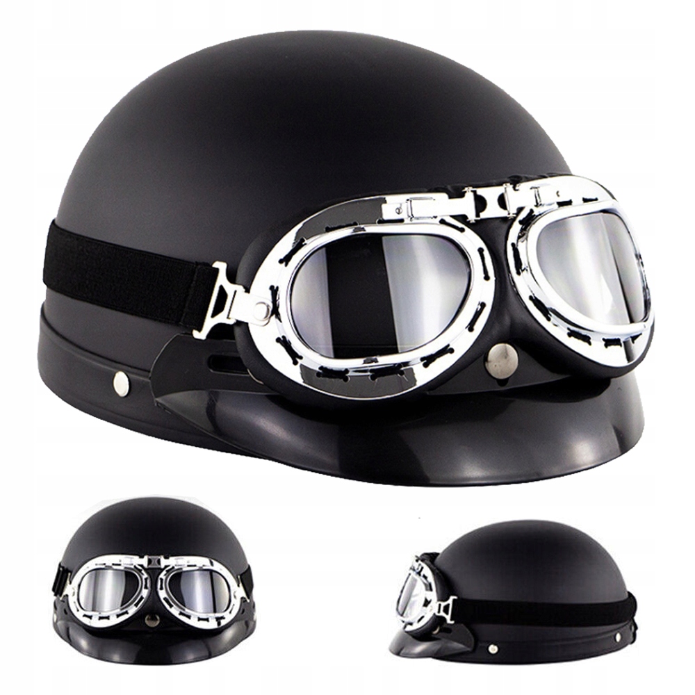 Kask Motocyklowy Hełm Czarny Gogle Retro Weteran