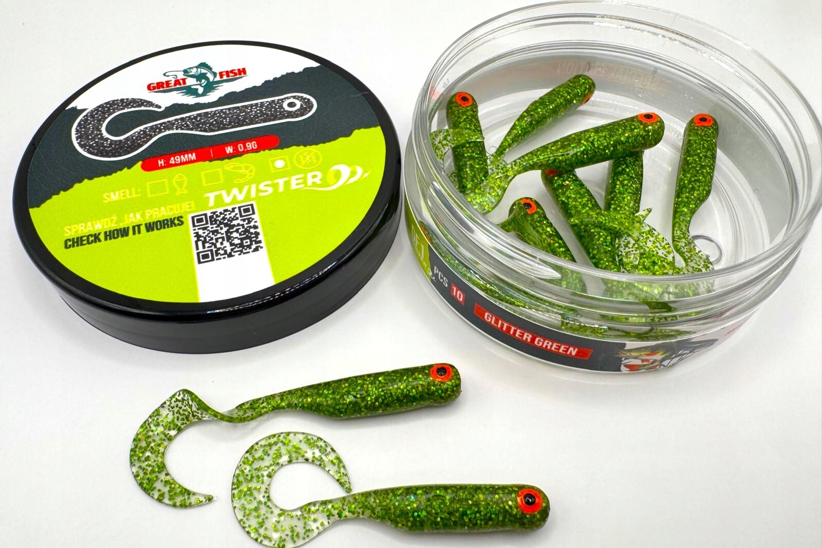 Great Fish GF1 Twister 49MM 10 Szt Glitter Green Shrimp Scent Zapach Krewet