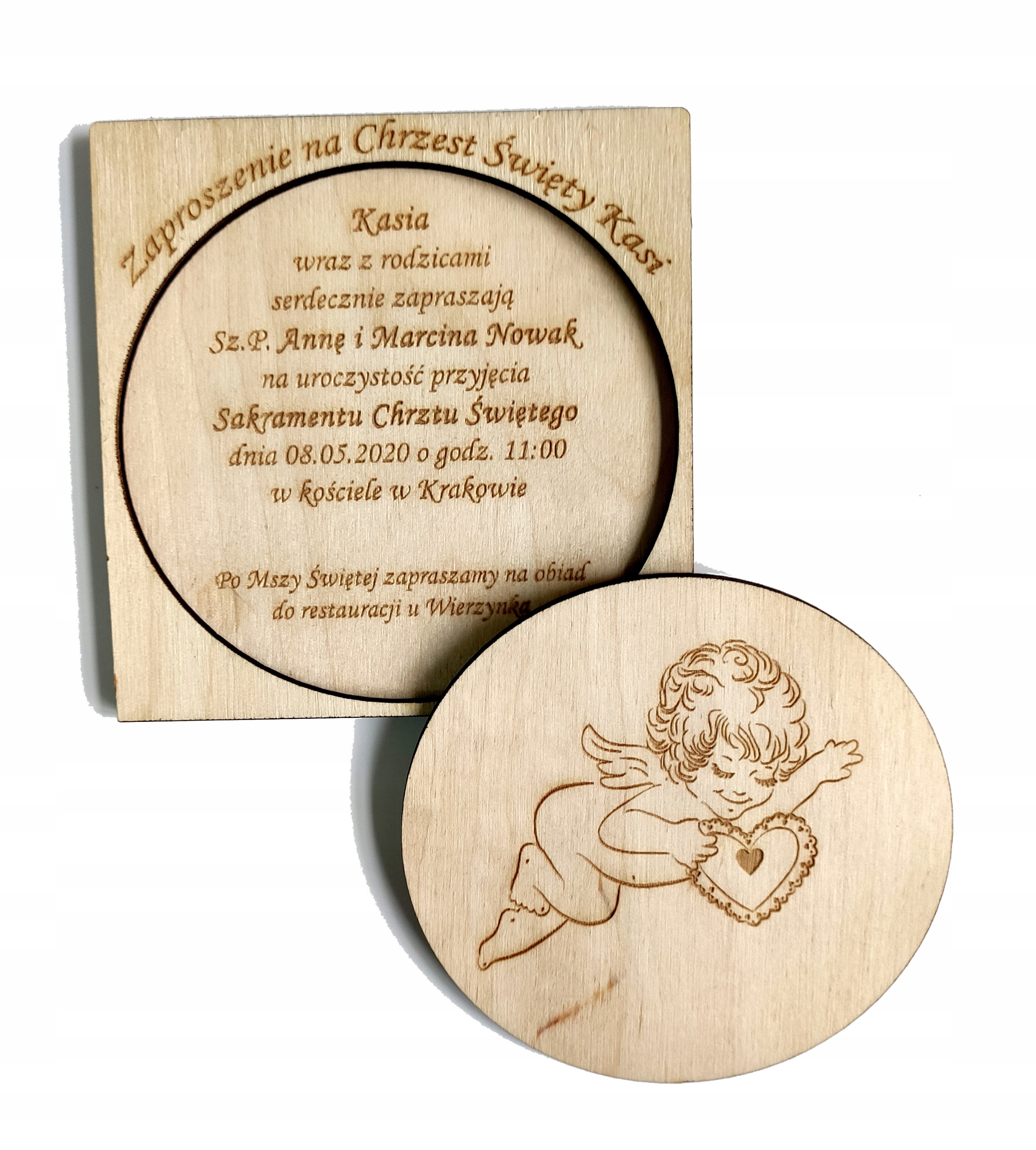 Zaproszenie na CHRZEST chrzciny drewniane GRAWER Wysokość produktu 10 cm