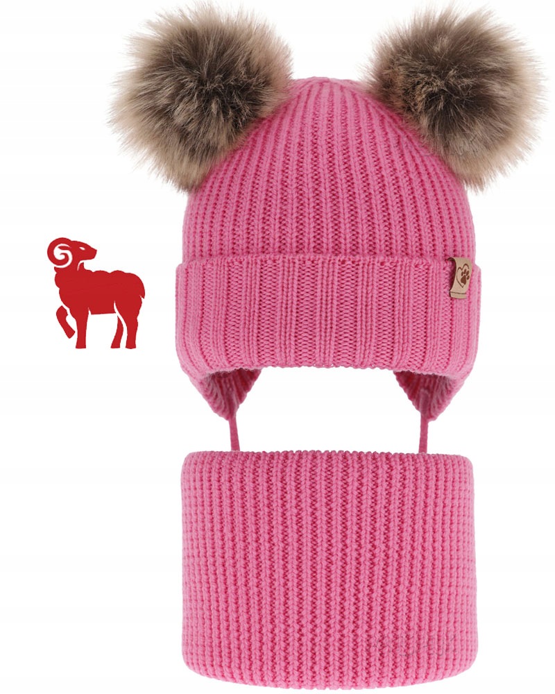 Różowy Ciepły komplet zimowy Czapka wiązana Komin 44-46 Wełna Merino 6m-2 l