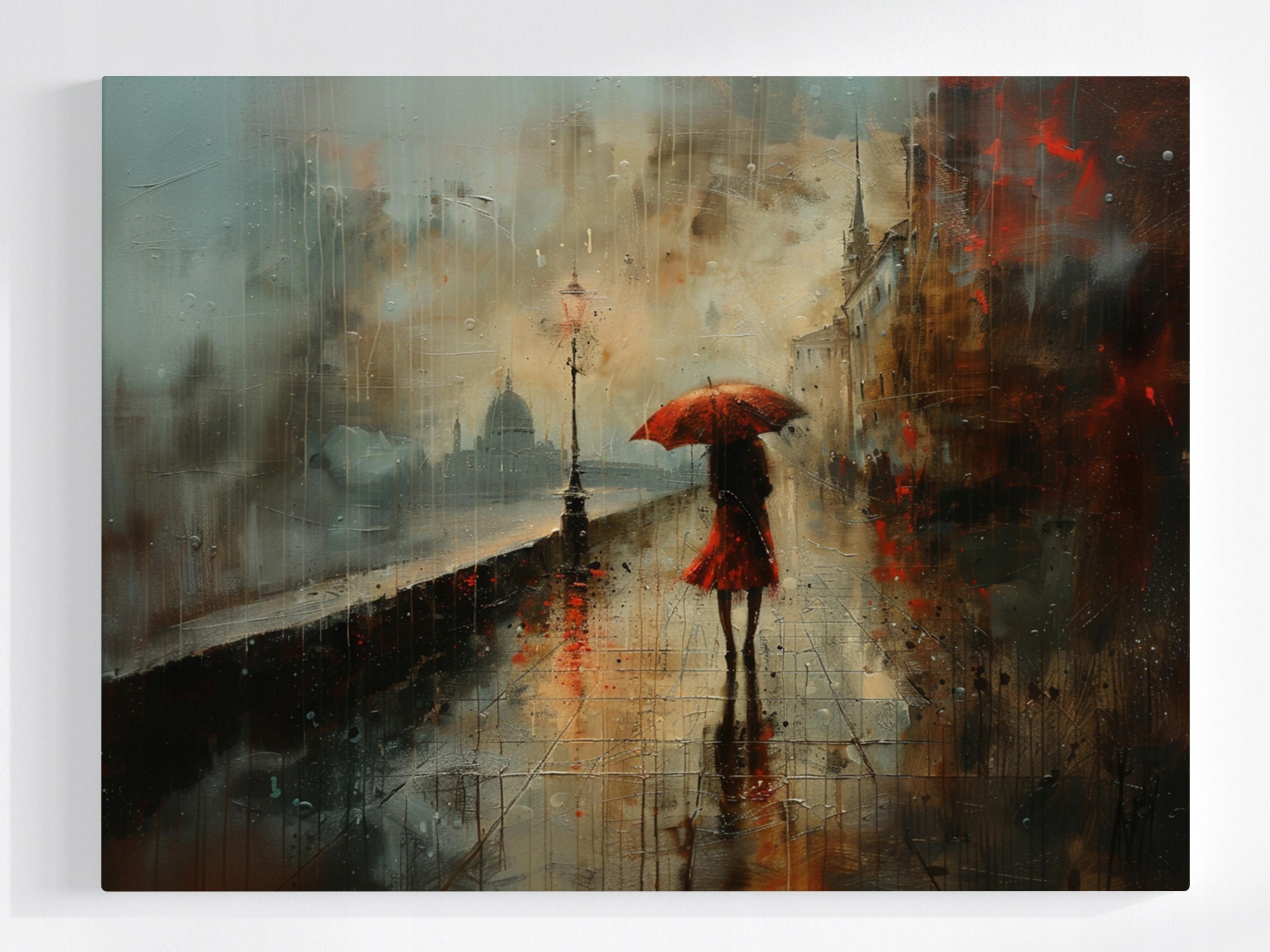 Obraz Na Plátně Canvas Žena Červený Deštník Město Řeka Déšť 80x60
