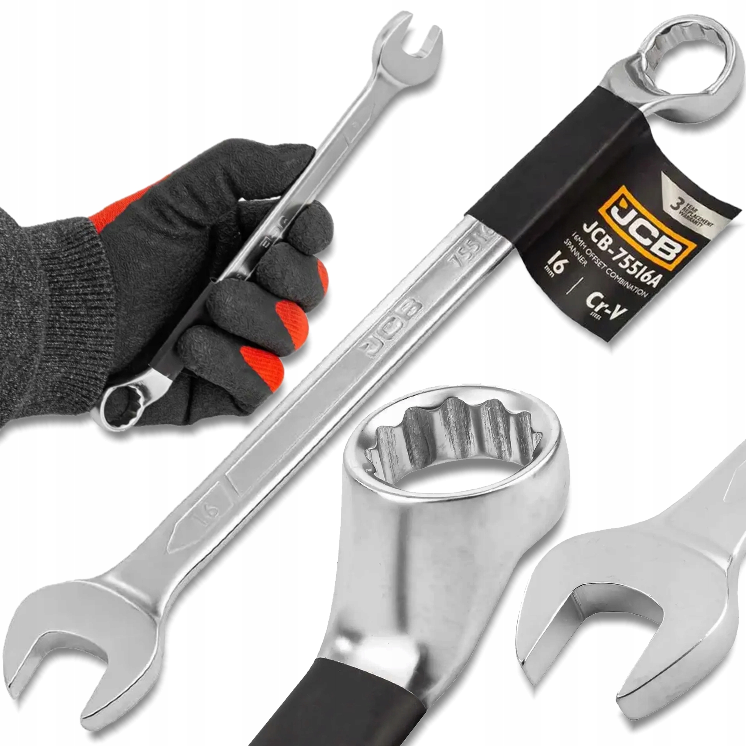 Klucz płasko-oczkowy odgięty o 75 stopni stal Cr-v dwustronny 16 mm Jcb