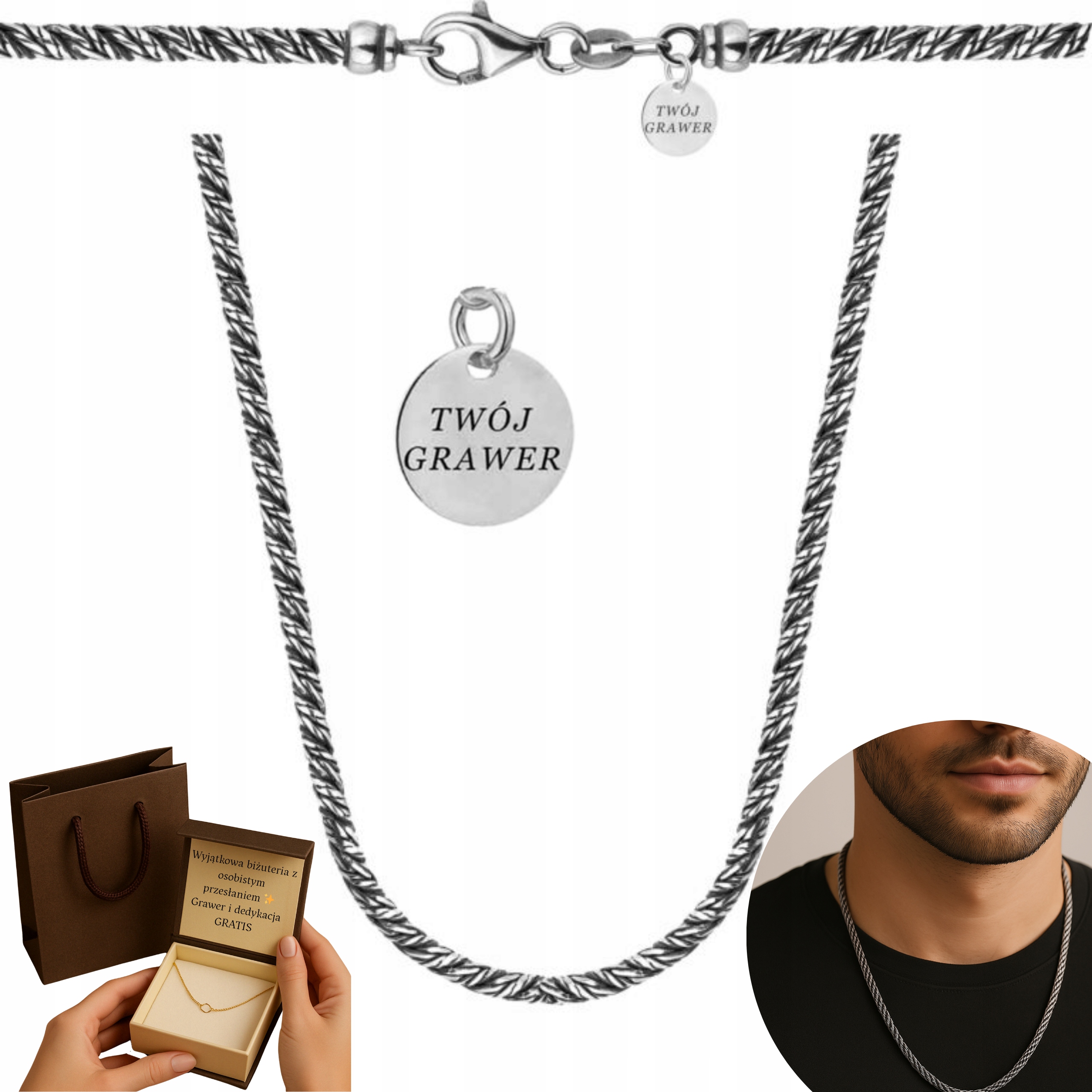 Łańcuszek Srebrny Oksydowany Rodowany PR.925 Okrągły 3MM Unisex Vintage
