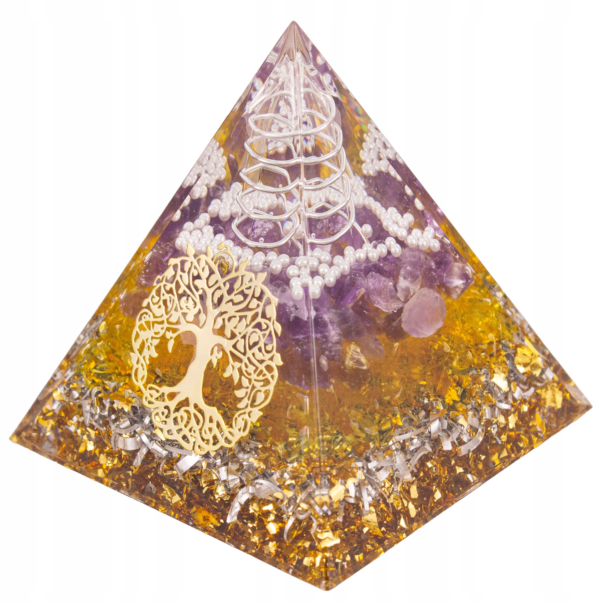 Pyramida Z Pryskyřice Orgonit Křišťál Citron Ametyst Dřevo Života Harmonie 6 cm
