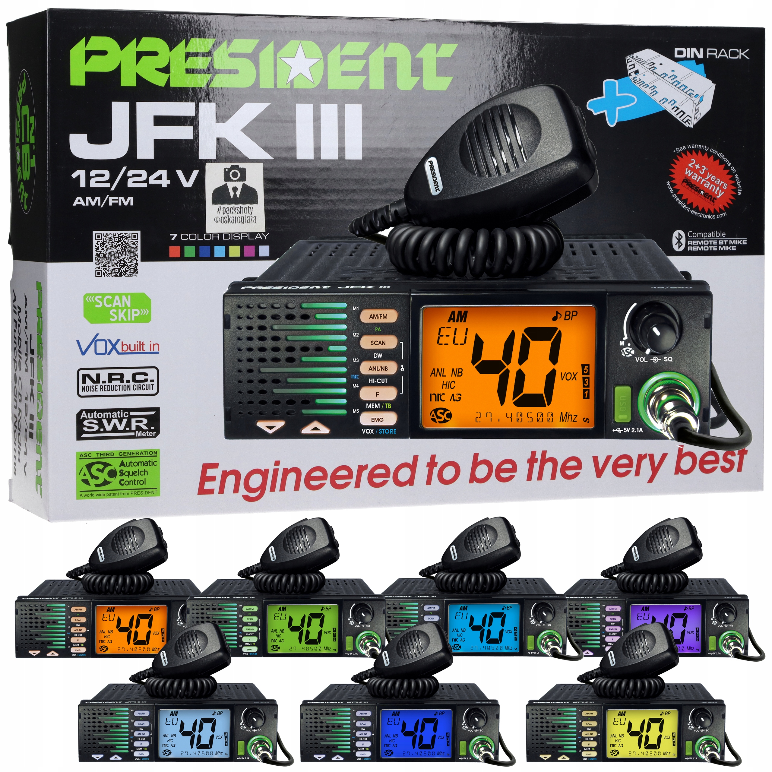 Cb Radio President Jfk III 3 12V 24V z głośnikiem z przodu rozmiar Din sibi