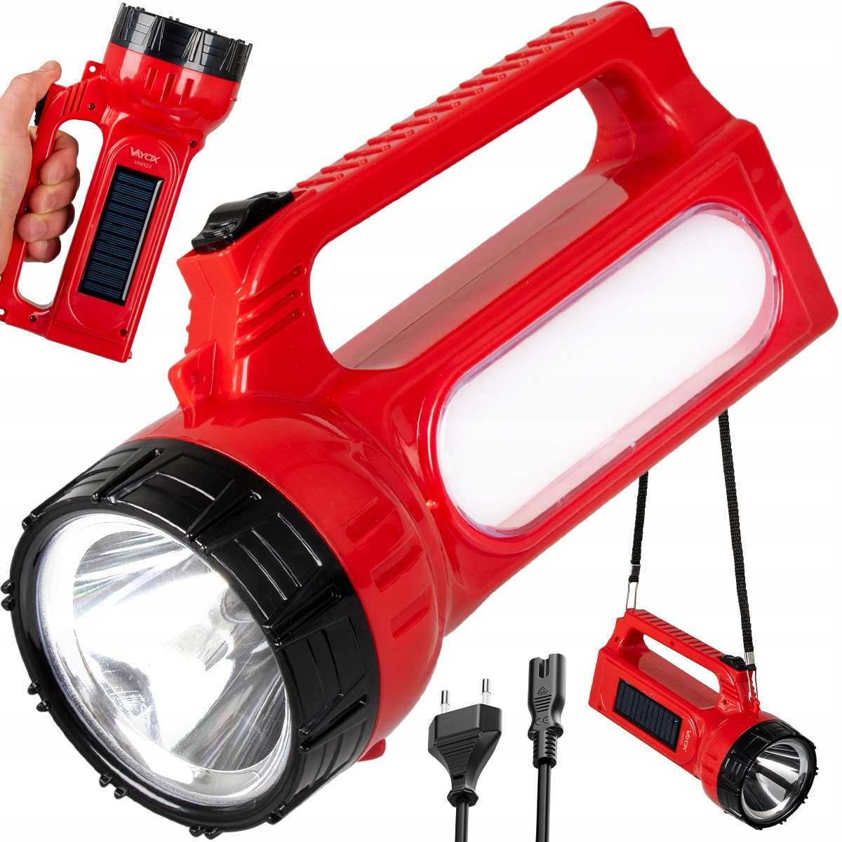 LATARKA LED SOLARNA SZPERACZ AKUMULATOROWA 230V ZE ŚWIATŁEM BOCZNYM VAYOX