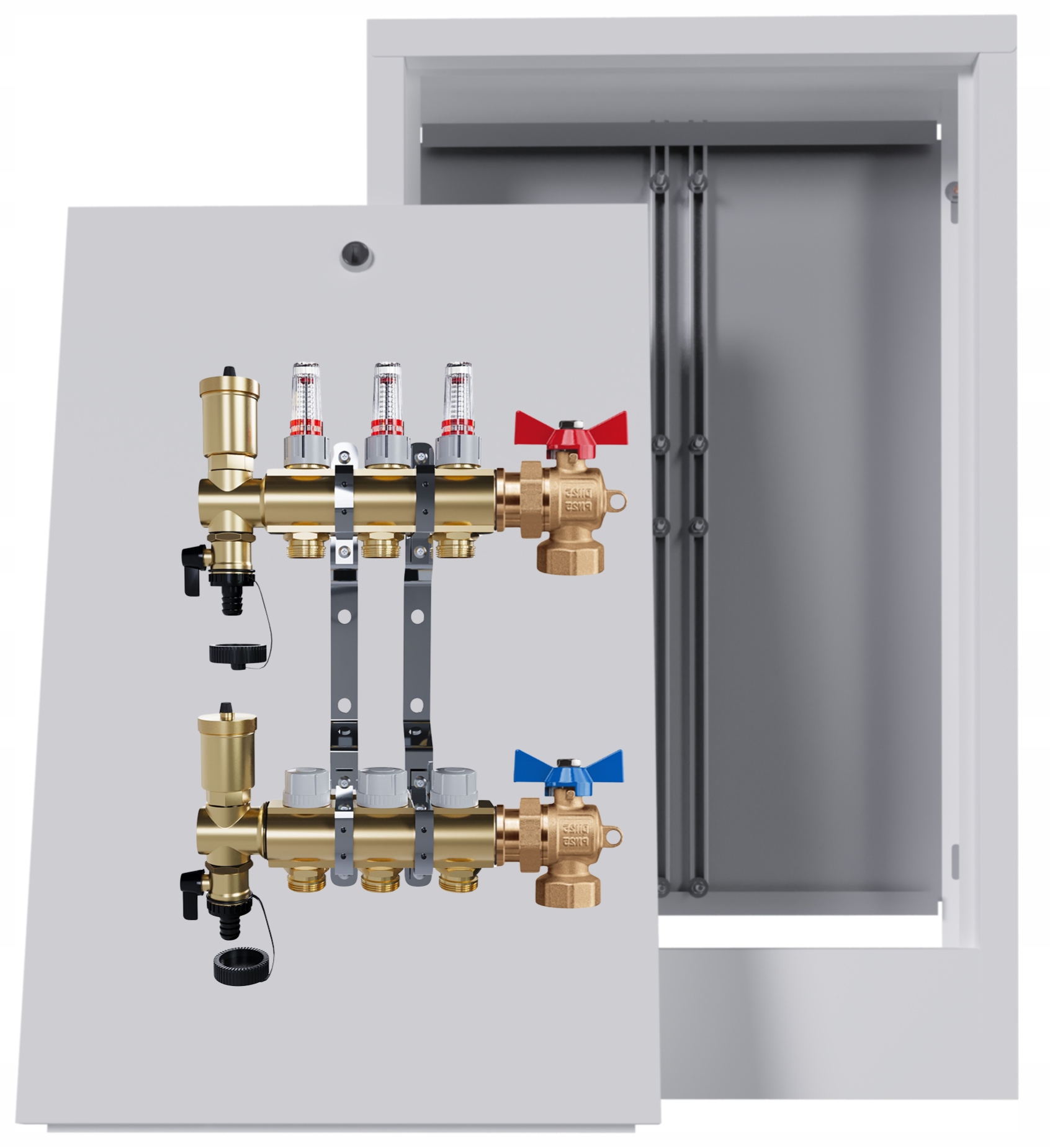 Mosazný rozdělovač podlahy 3 okruhy nástěnná skříňka Kulový Kohout