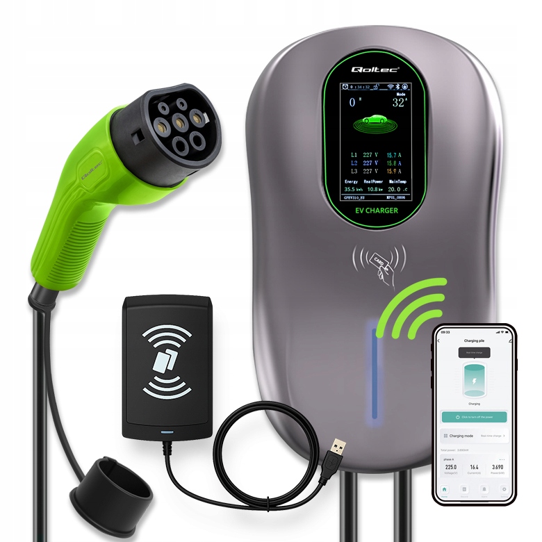 Nabíjacia stanica Ev 22 kW Typ 2 Wallbox 3F LCD Rfid Hotel 2 karty Ev Qoltec