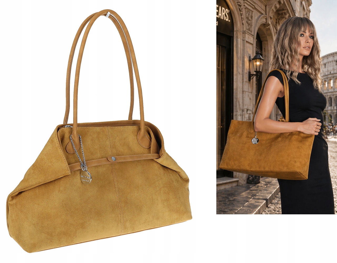 Dámská semišová kabelka shopper 2v1 elegantní lehká taška OS116 Žlutá