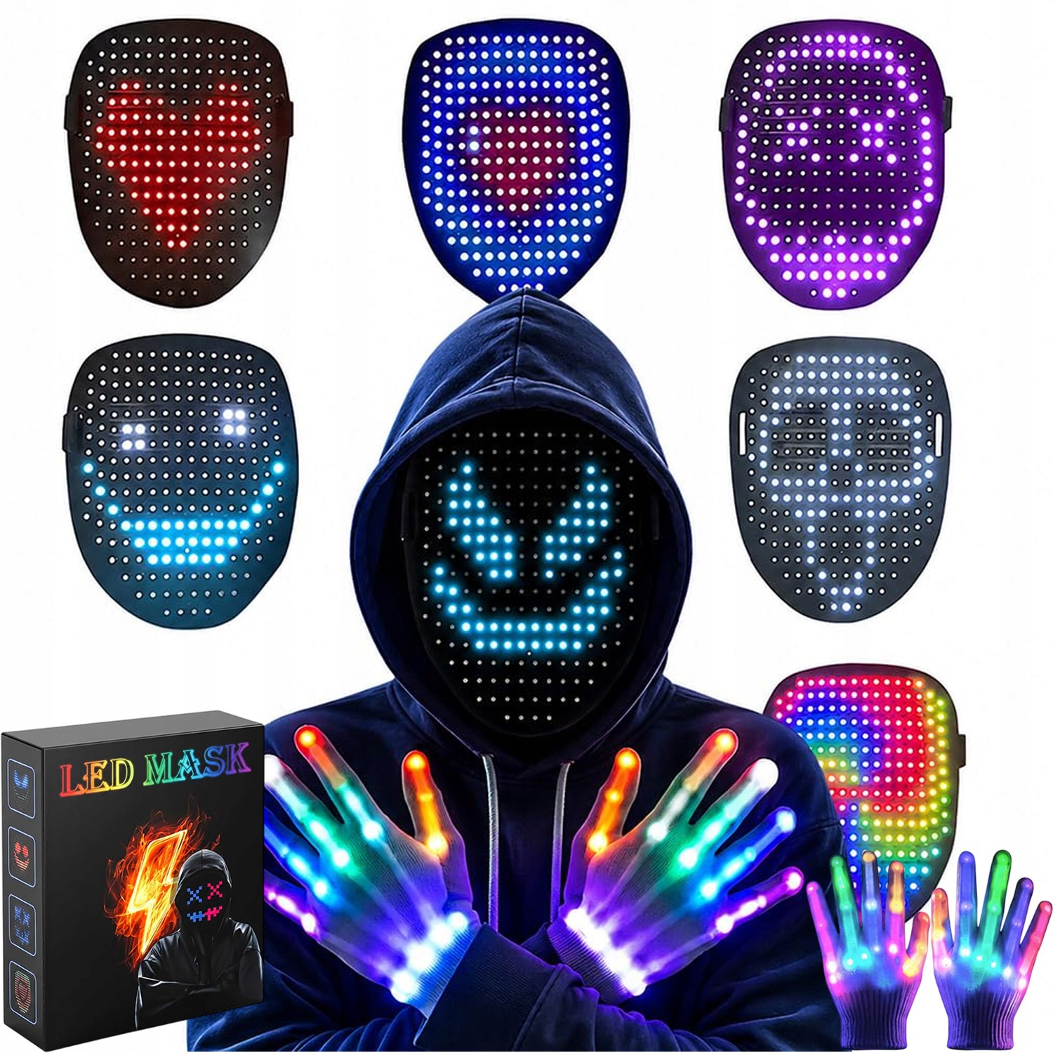 Neonová Led Maska Svítící Na Halloweenské Kostýmy A Párty Ovládaná Gesty