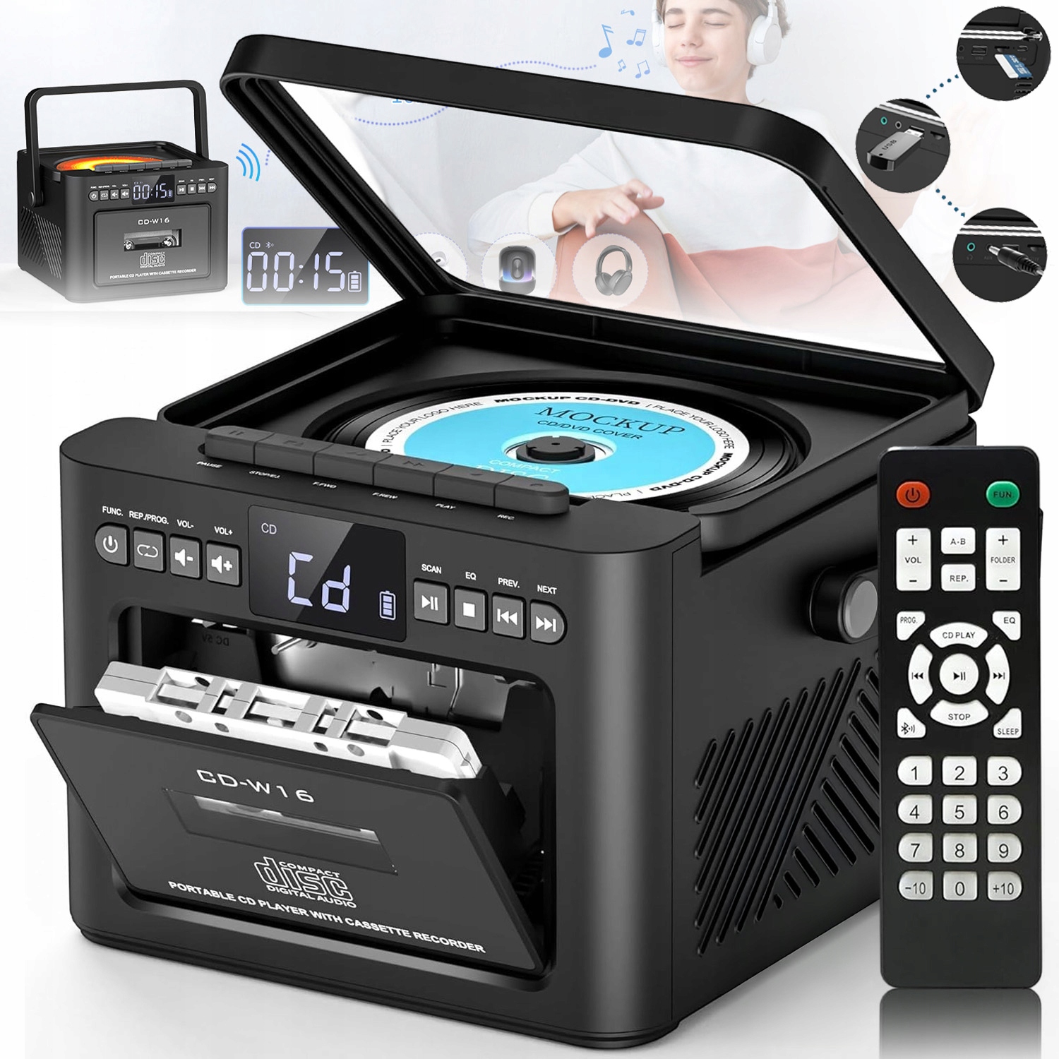 Přenosný CD Přehrávač Bluetooth Reproduktor Dárek Černý Usb/aux/sd Karta