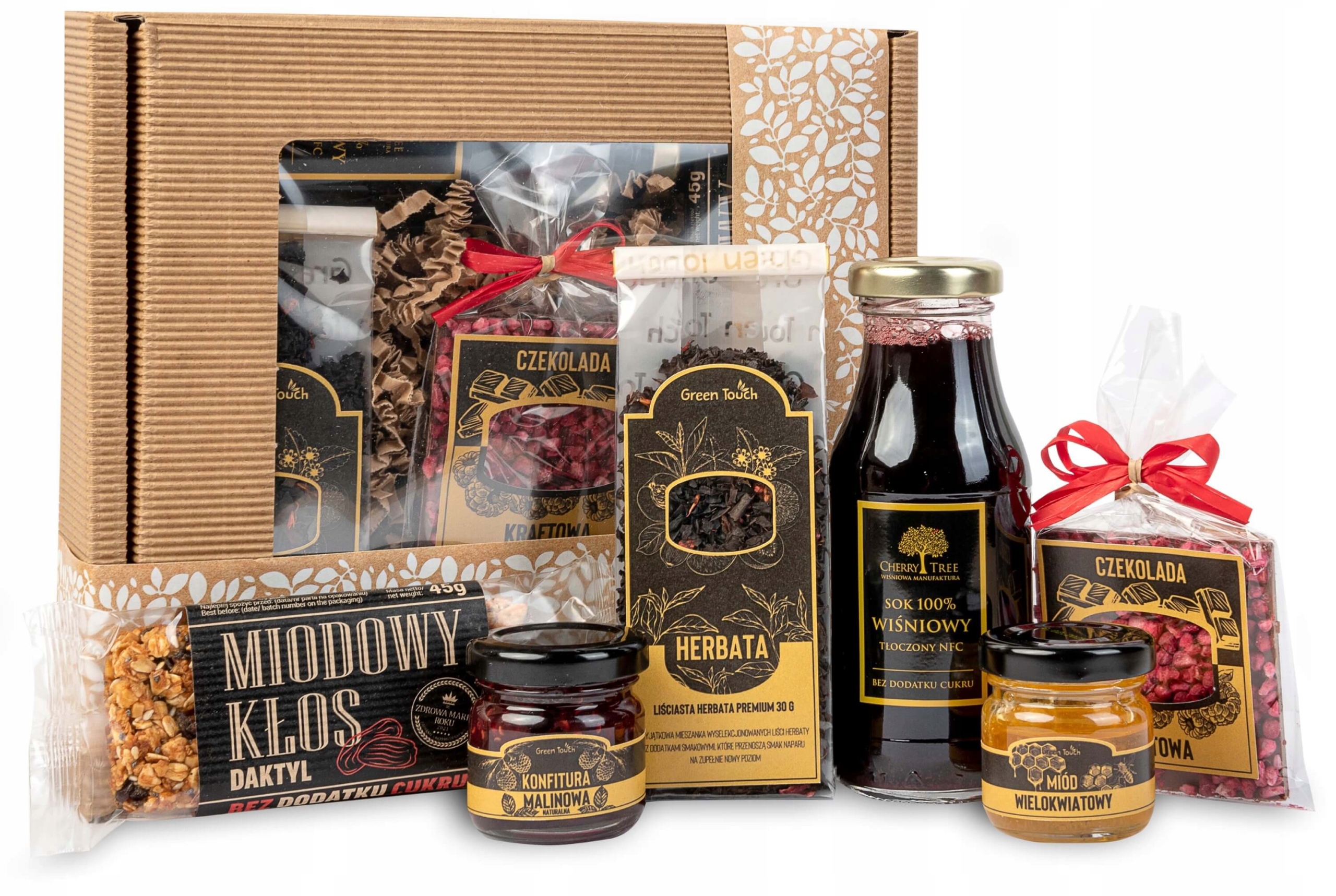 Zestaw Prezentowy Herbata Sok Miód Czekolada Baton Box Kraftowy Naturalny