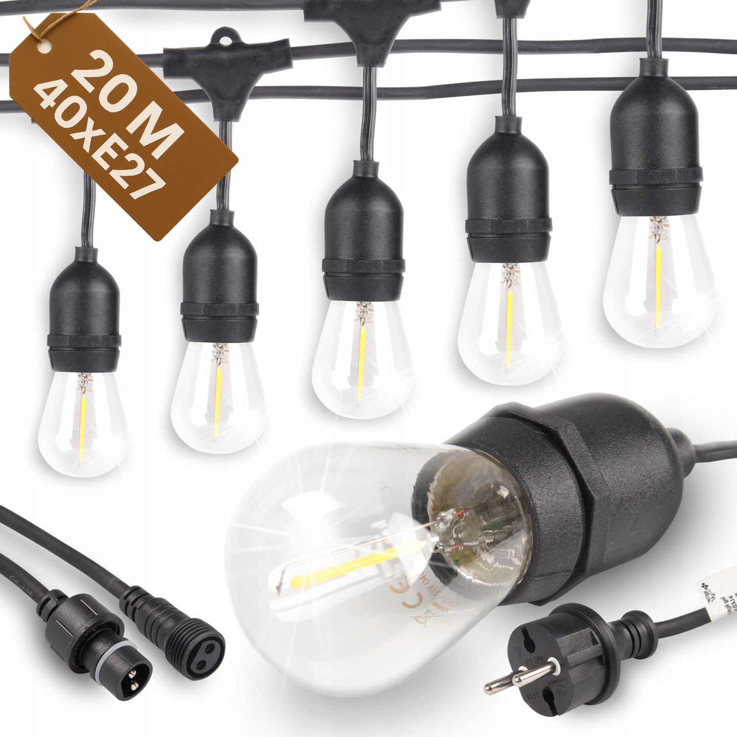 Girlanda Ogrodowa Zewnętrzna 20m Łańcuch 230V Żarówki Led 40 x E27 1W 2700K