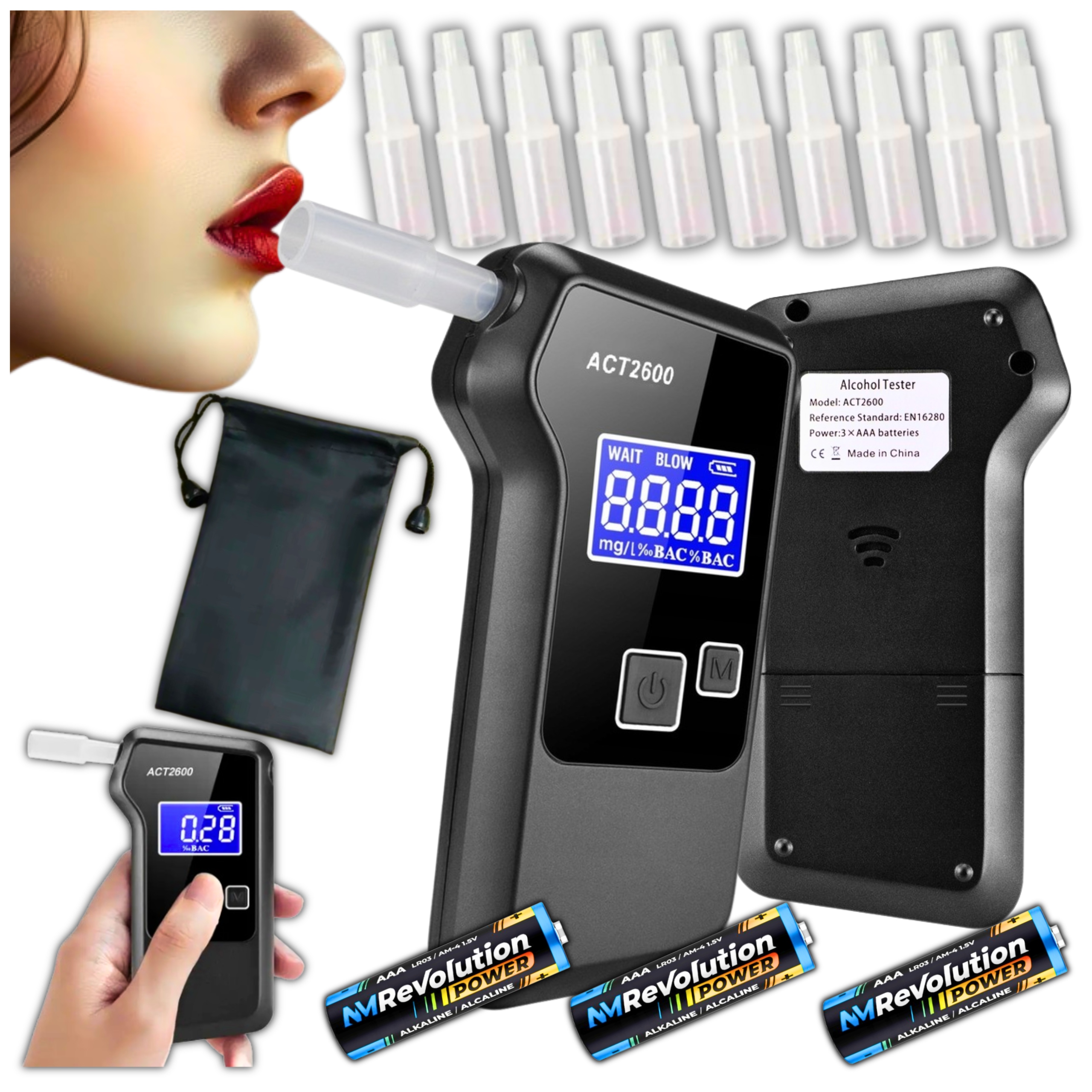 Alkohol Tester elektrochemická kalibrácia Originálny 10 Náustkov senzor Sada