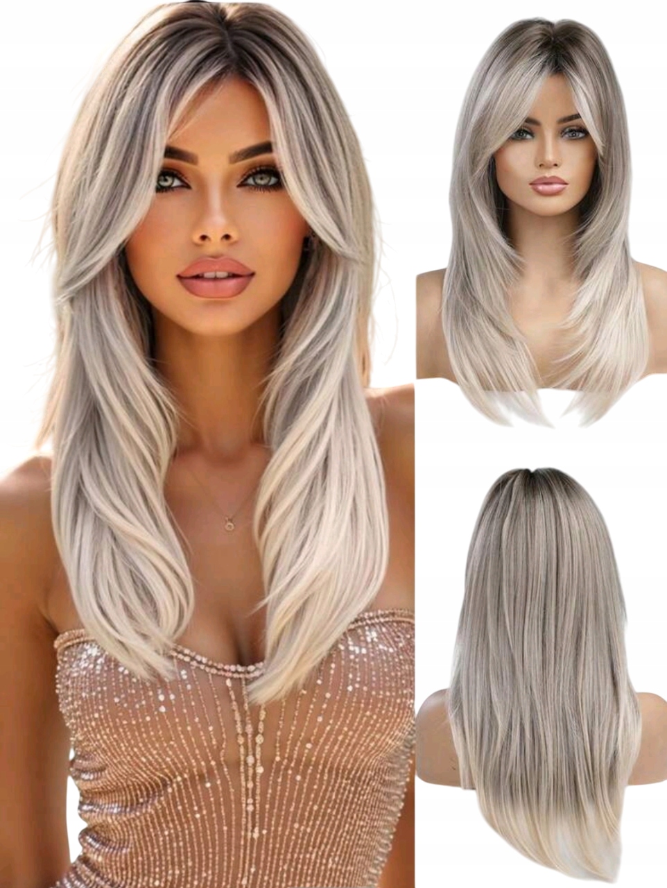 Peruka Blond Ombre Damska popielaty siwy Grzywka Jak Naturalne Włosy