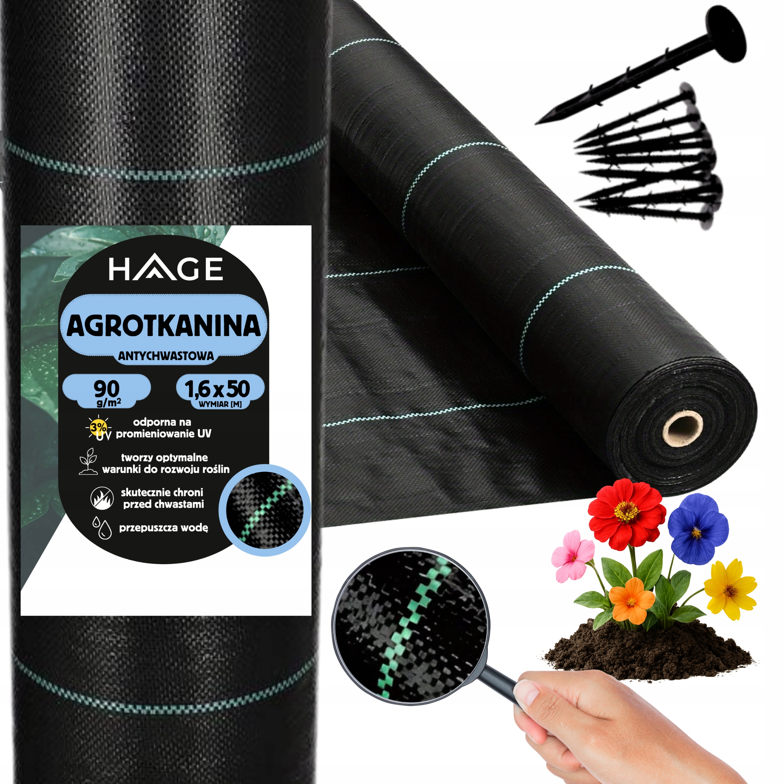 Agrowłóknina 90G 1,6x50m Czarna Uv Agrotkanina Mata Antychwastowa Kotwy