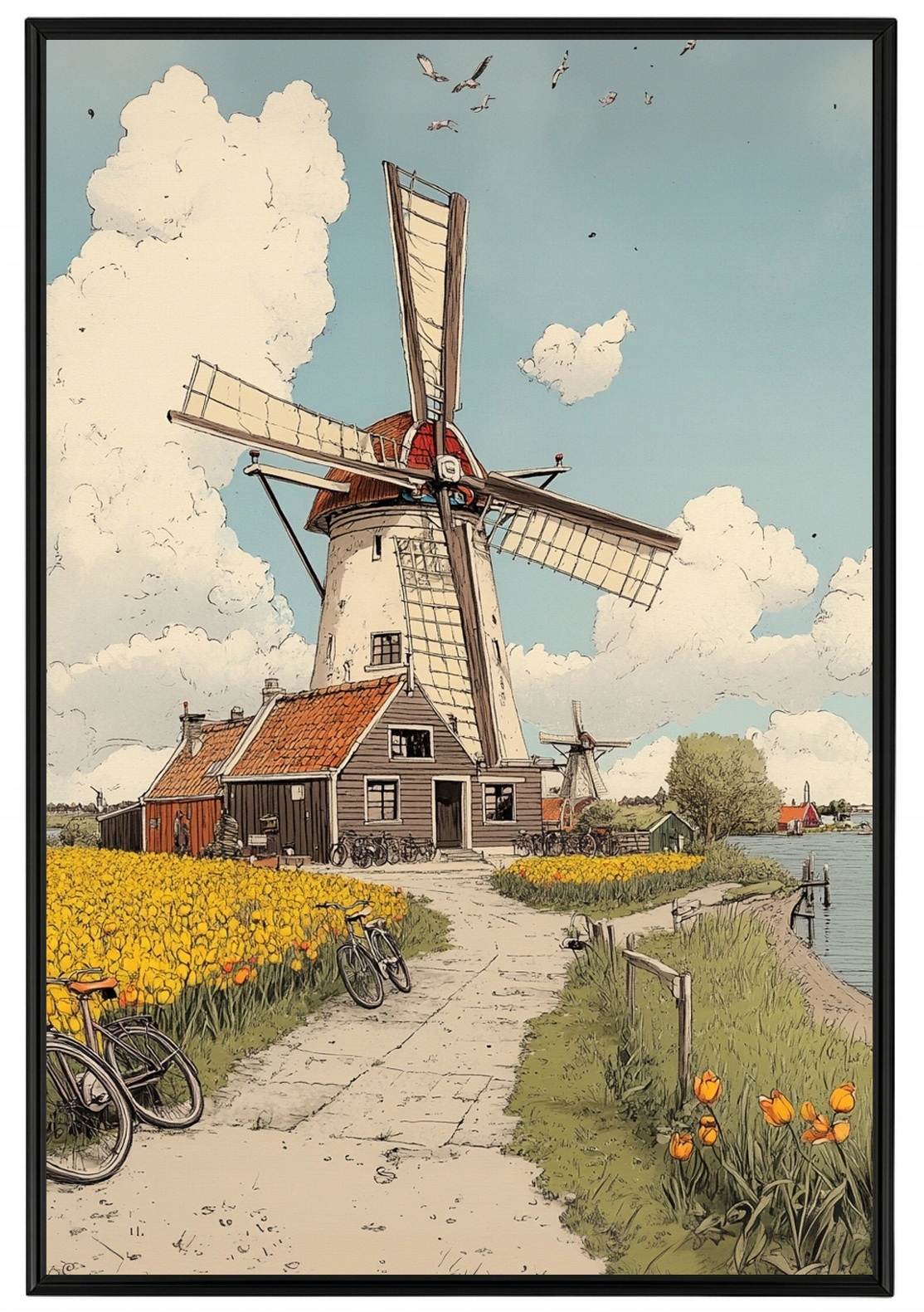 Plakát Rámeček Na Plakát Krajina Nizozemský Venkov Větrný Mlýn Kolo Tulipány 40x60