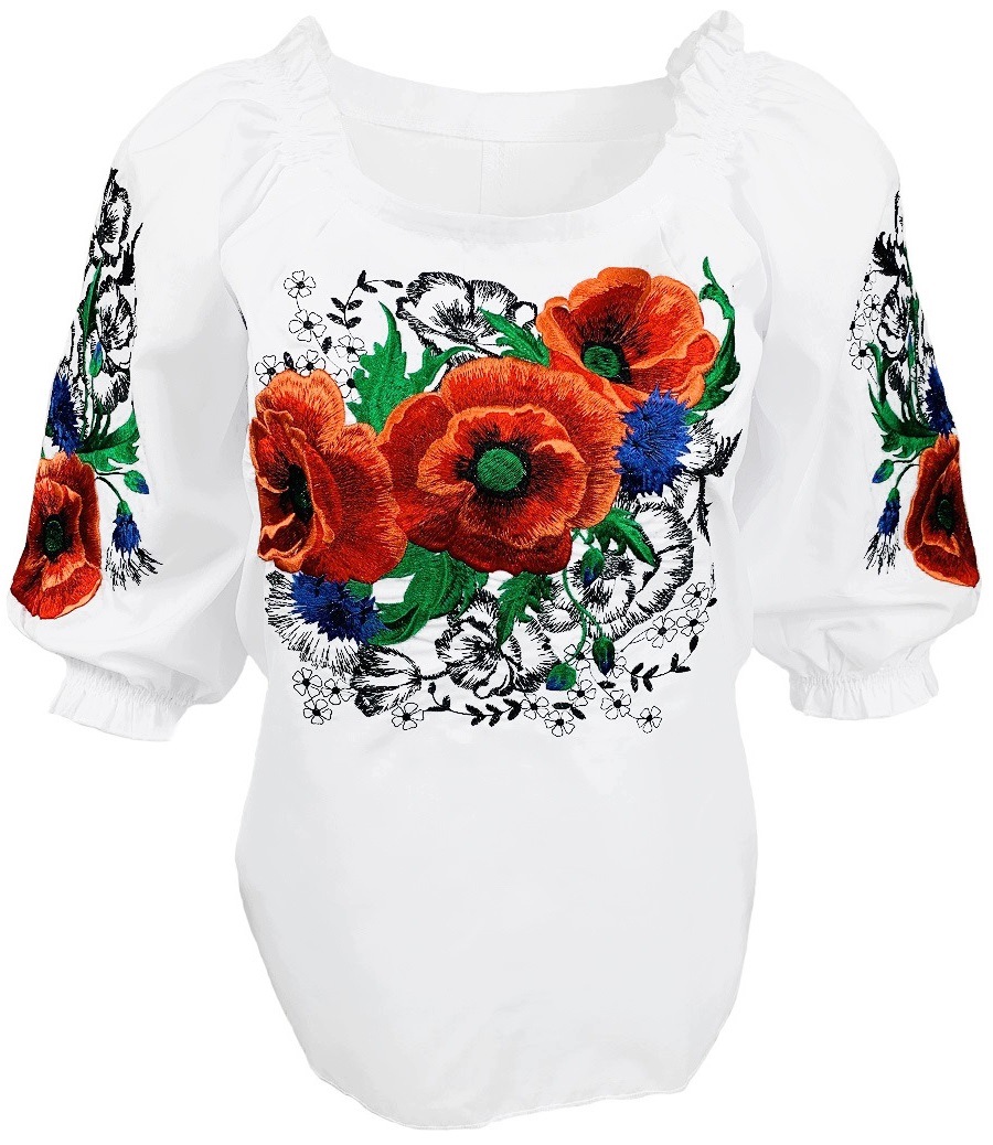 Bílá Lidová Košile Španělka 3/4 Rukáv Halenka Vyšívané Květiny Chabry 4XL