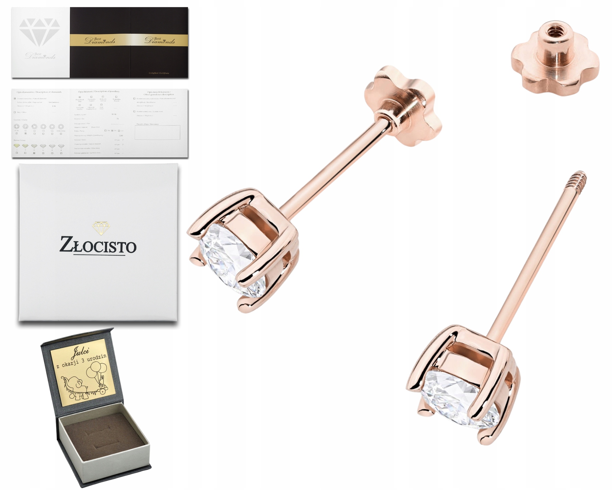 Růžové Zlato Náušnice S Diamantem Lab Šroubovací Tyčinka Zlato 585 Jako Dárek