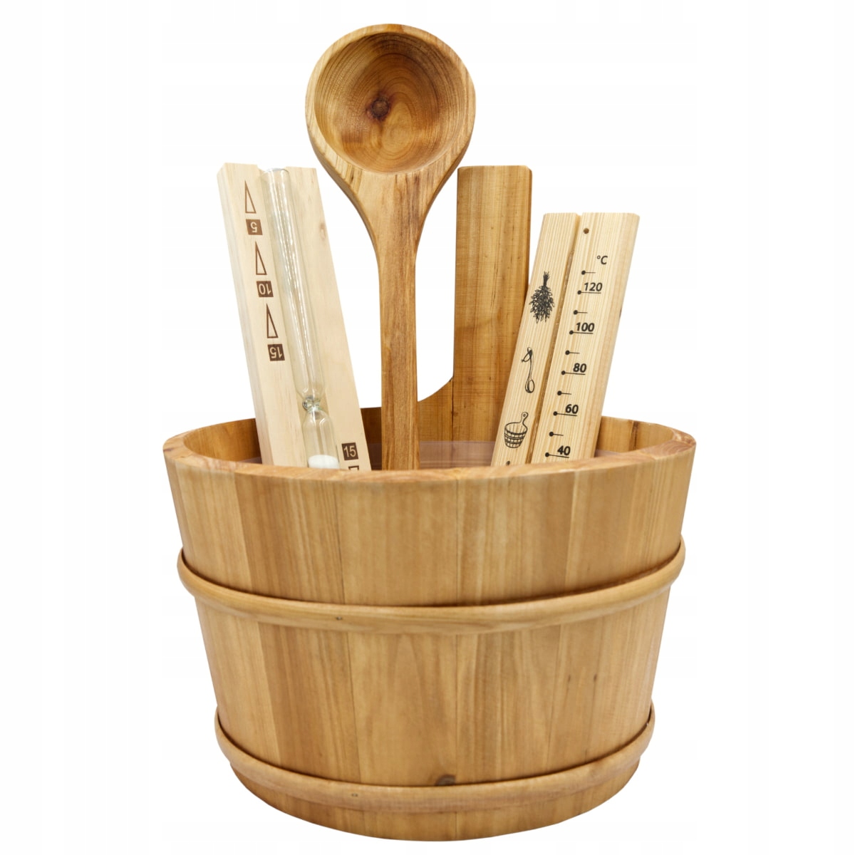 Sada Príslušenstva Č.5 Do Sauny Naberačka Ceber Presýpacie Hodiny Teplomer Porjun