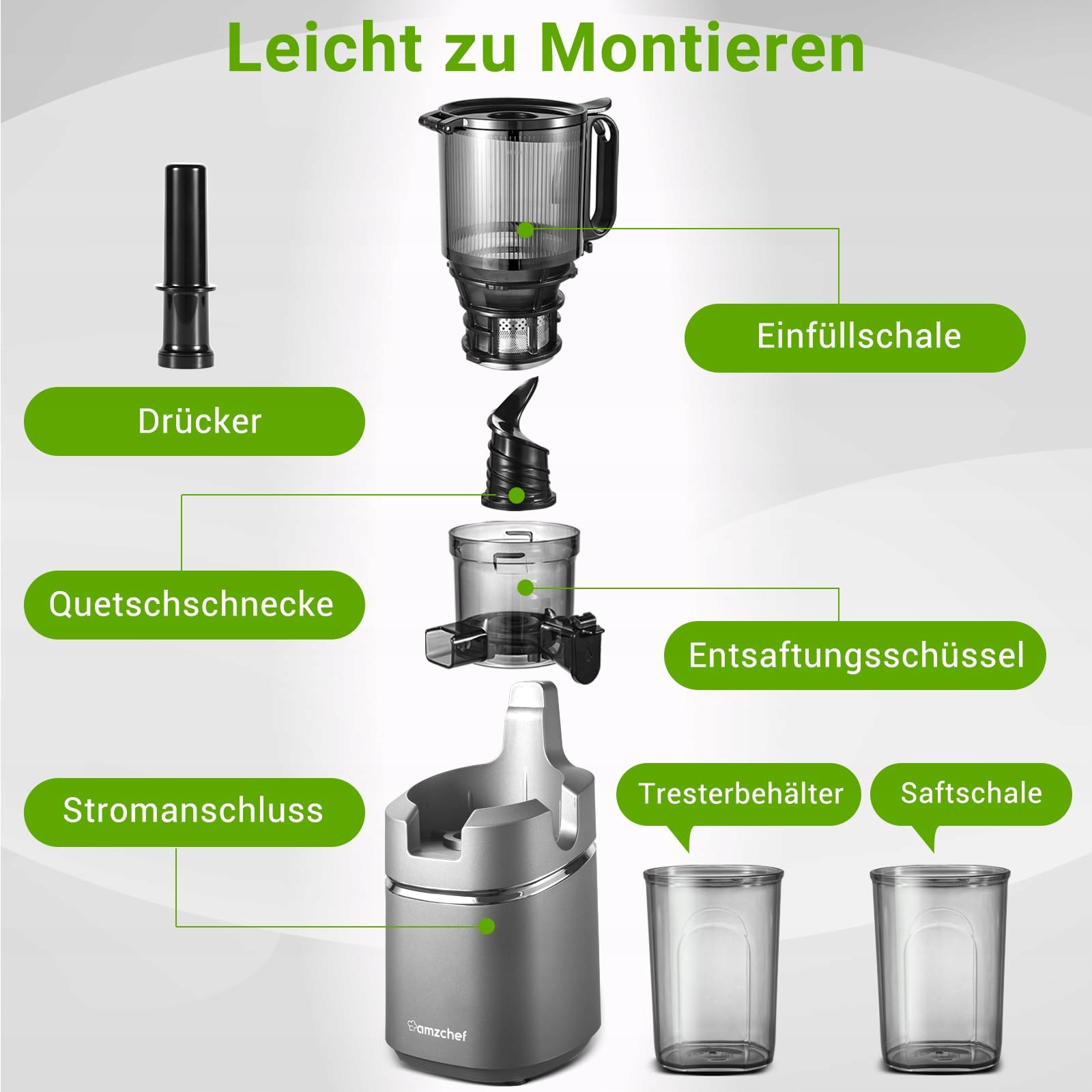 AMZCHEF Wolnoobrotowy Wyciskarka 250W 135MM Do Warzyw i Owoców 1,8L Szary — miniatura 8