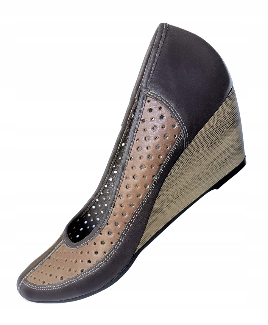 Kožené polobotky Arka Bioeco Baleríny na klínku hnědé ažurové kůže 40