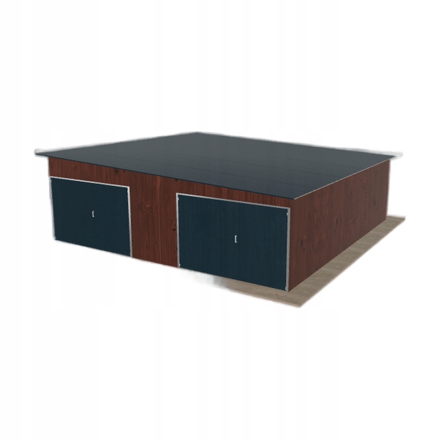 Plechová garáž 7.5 x 7.5 m, dvoupolohová, spád vpravo, tmavý ořech