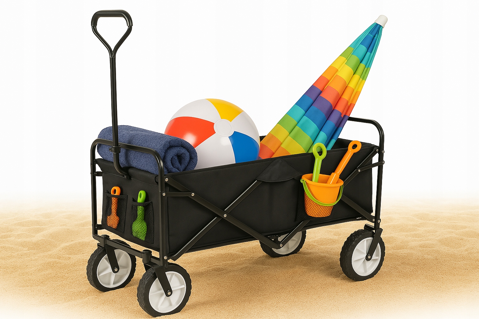 Duży Wózek Plażowy Turystyczny Transportowy Składany Ogrodowy Czarny 145L