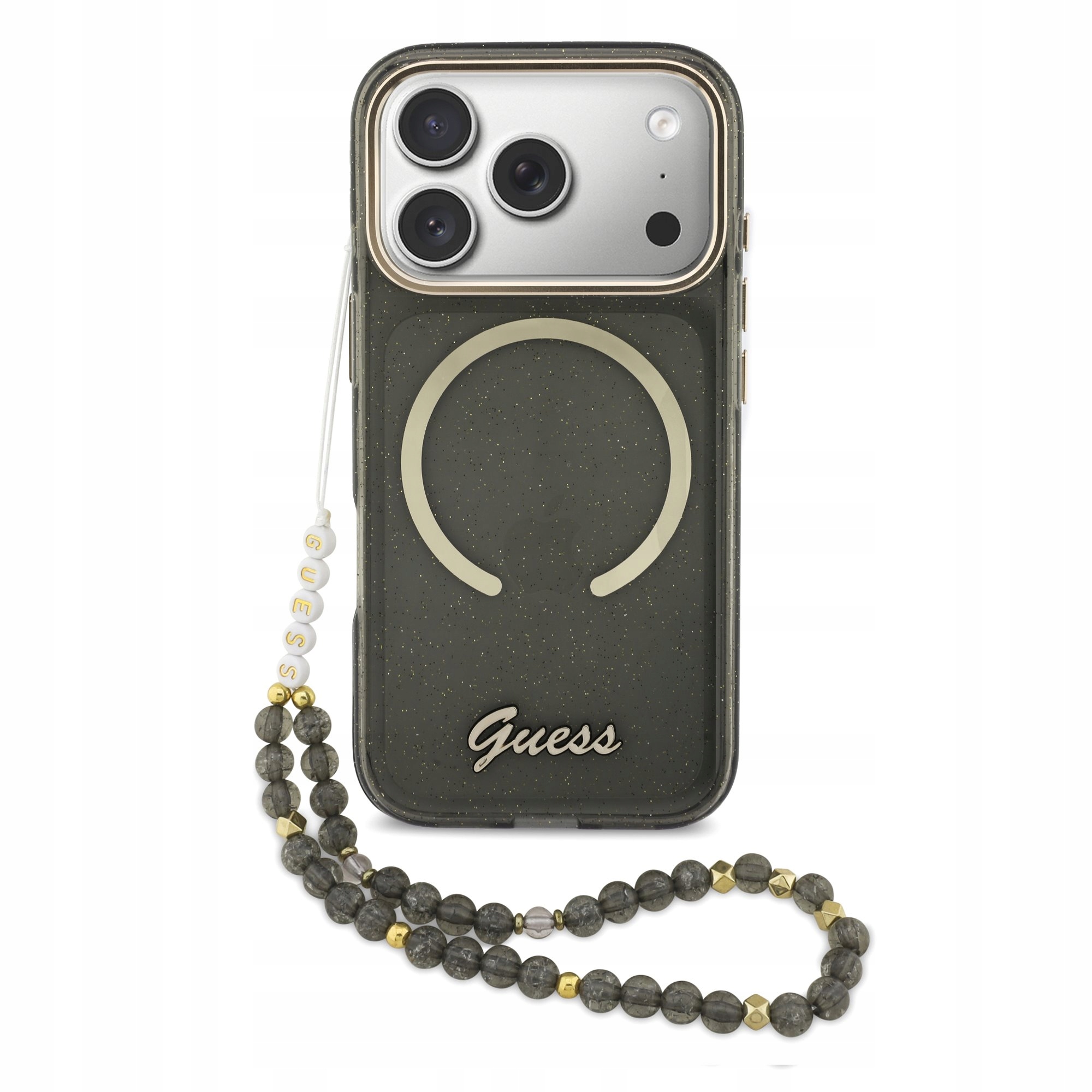 Guess IML Glitter Script Strap MagSafe Pouzdro pro iPhone 17 Pro Black