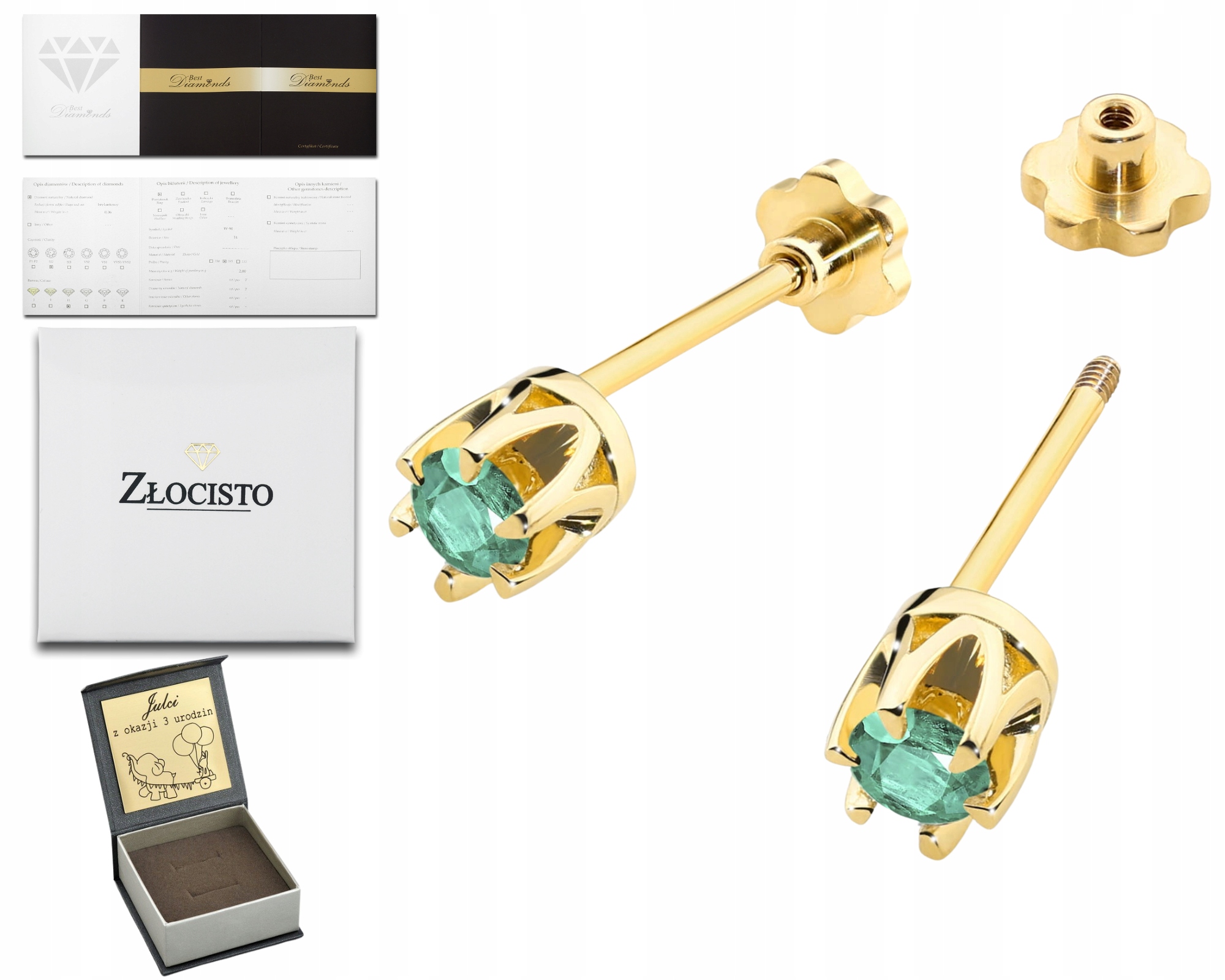 Zlaté Náušnice S Brilianty A Zelenými Smaragdy, Šroubovací Tyčinka Zlato