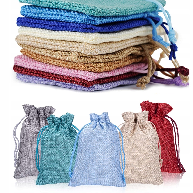 

50-PAK Kolorowych Woreczków Jutowych Ze Sznurkami