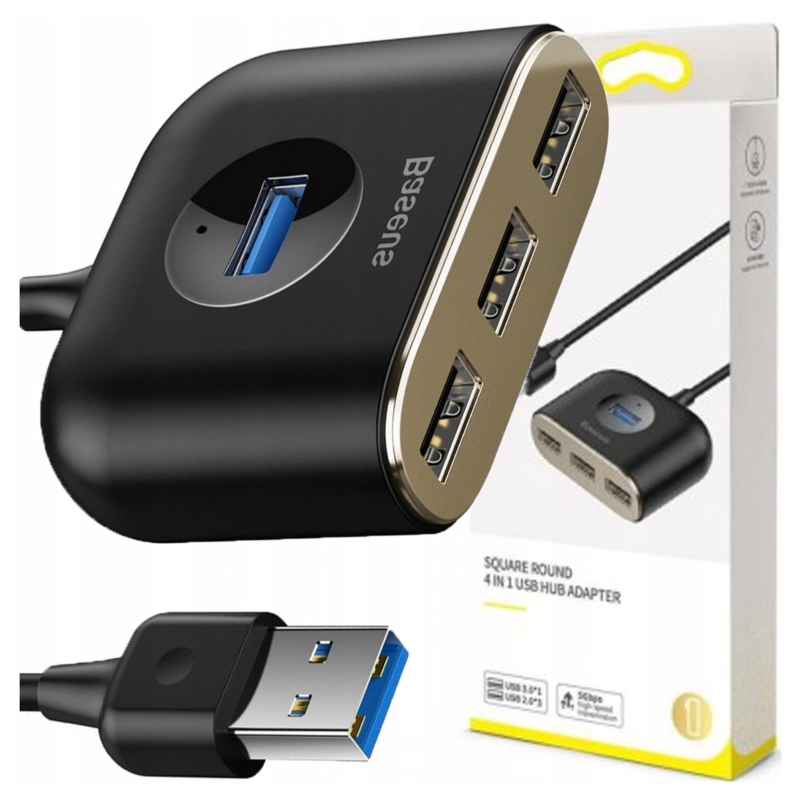 Adapter Usb 4w1 Baseus Square Round, Hub Usb 3.0 do 1x Usb 3.0 3x Usb 2.0