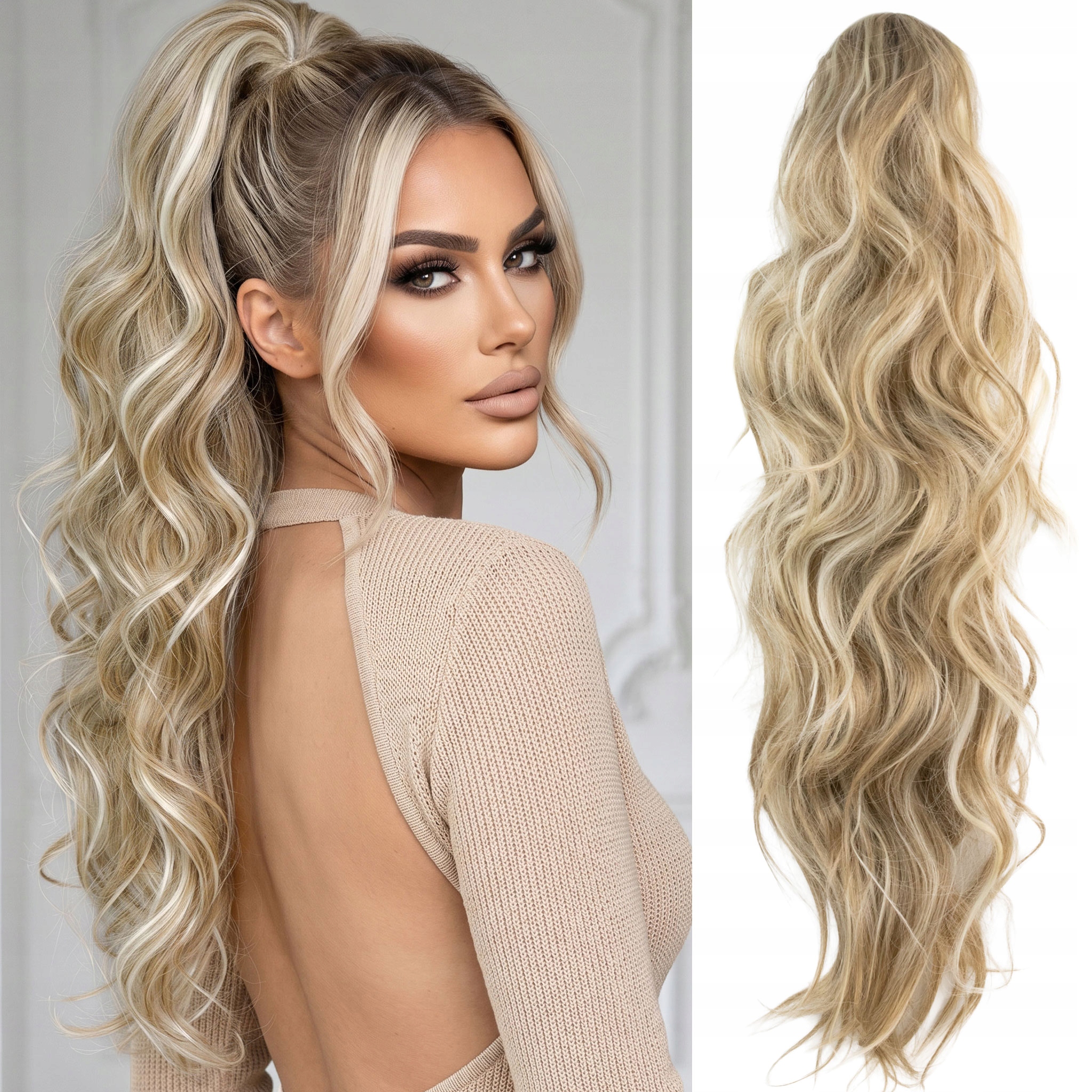 Připínací poník na přezce krabí vlasy syntetické 65 cm blond pramínky