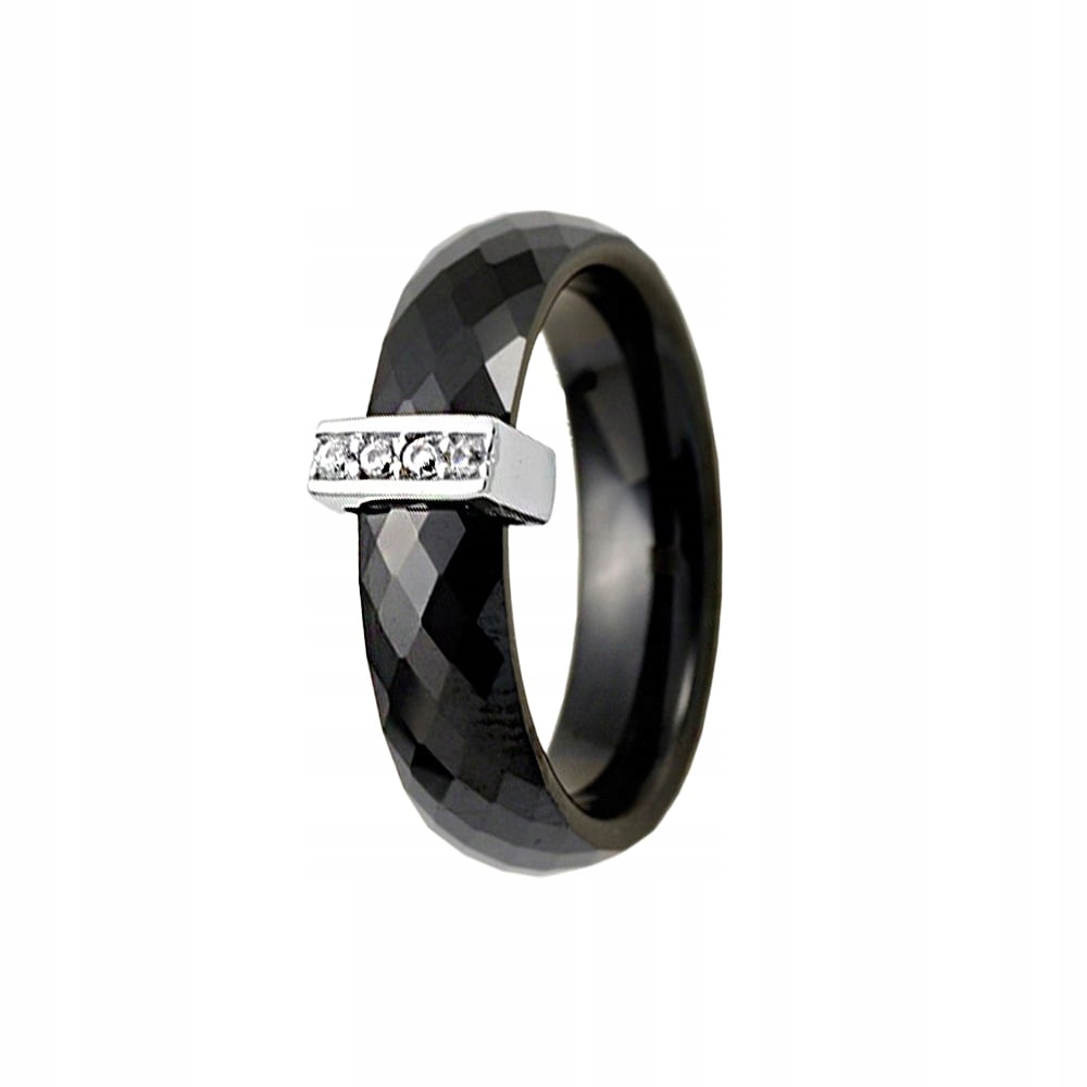 Pierścionek Ceramiczny Czarny Fasetowany z Cyrkoniami Srebro 925 r19 Sadva