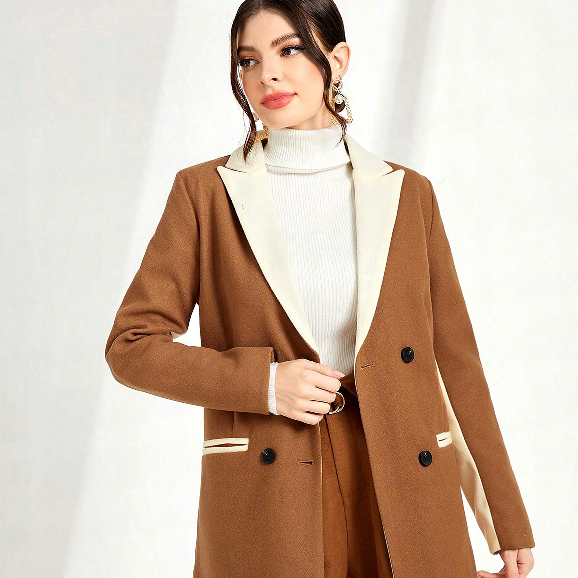 Elegantní Nadčasový Stylový Trendový Dvouřadý Čokoládový Kabát M 38