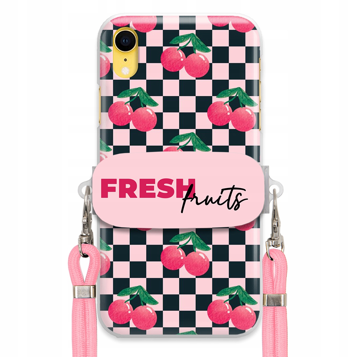 Puzdro pre iPHONE Xr Vodítko Pink Crossbody+ Funkčný držiak Fresh Fruits