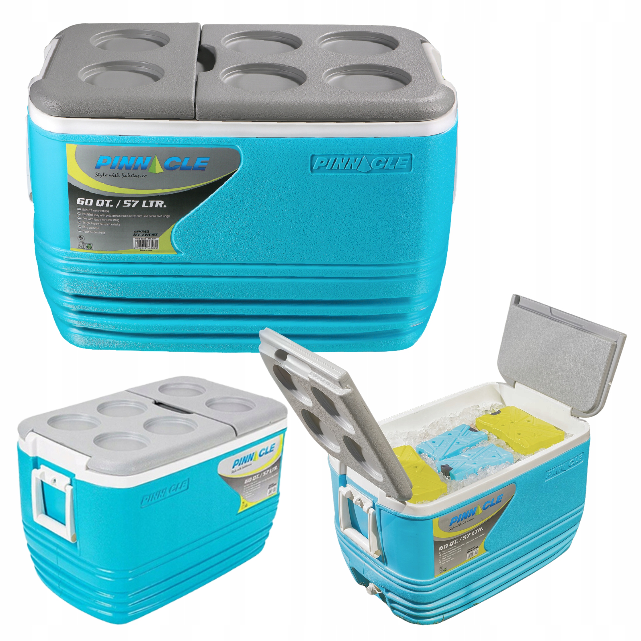 Turistická lednička na mrazicí vložky přenosná Pinnacle 57 l, velká s rukojetí