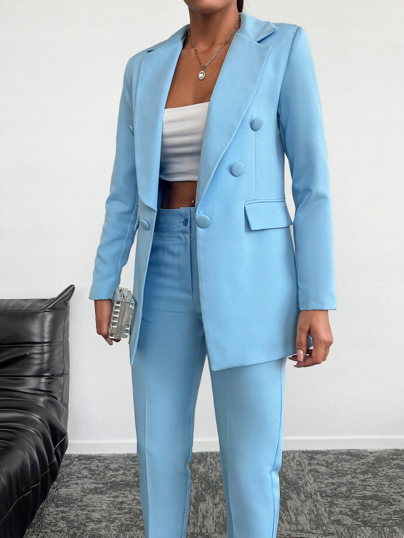 Dámský Elegantní Dvouřadý Oblek Zúžené Kalhoty, Modré Shein