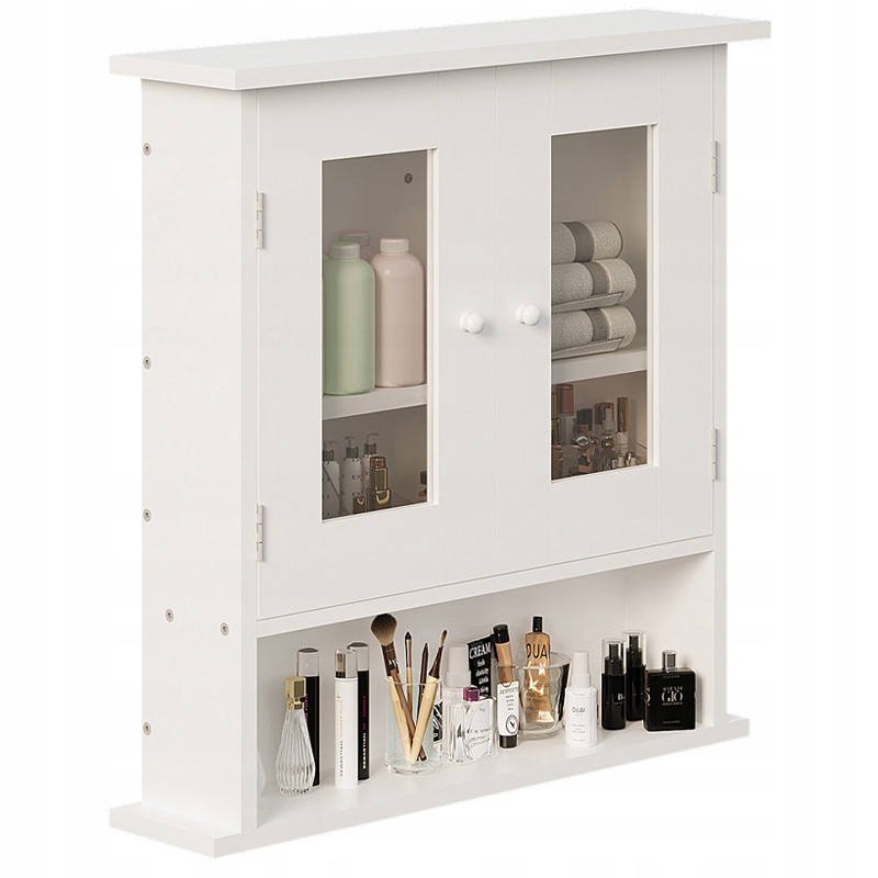 Koupelnová Skříňka Závěsná Bílá 2DVEŘOVÁ Skleněná Nástěnná Loftová Police 58 CM