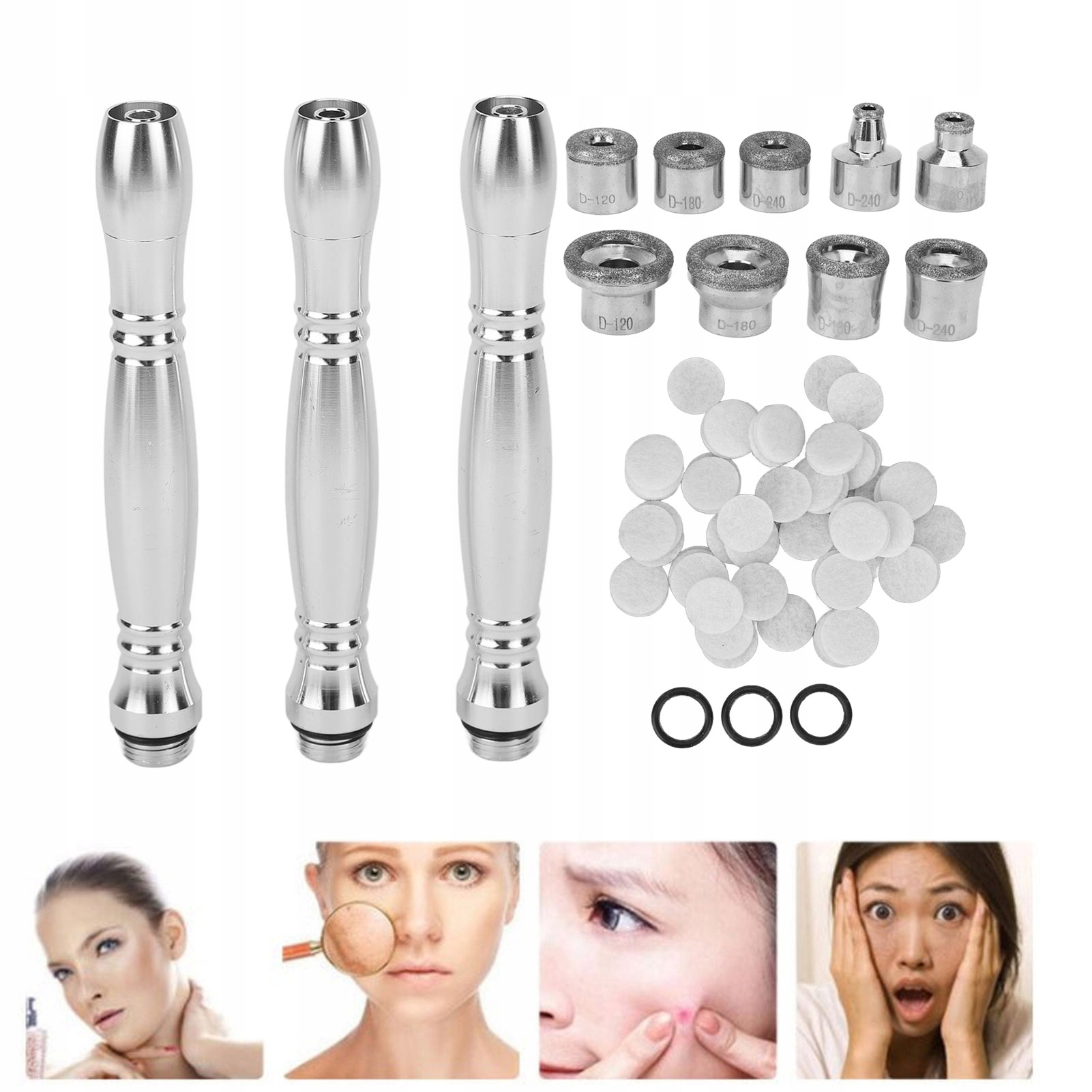 ZESTAW KOŃCÓWKI GŁOWICE DO MIKRODERMABRAZJI DIAMENTOWEJ Kolor dominujący odcienie szarości i srebra