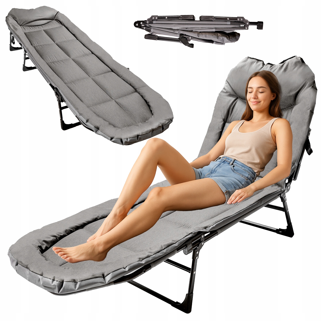 Leżak Ogrodowy Plażowy Składany Łóżko Turystyczne Kempingowe Z Poduszką