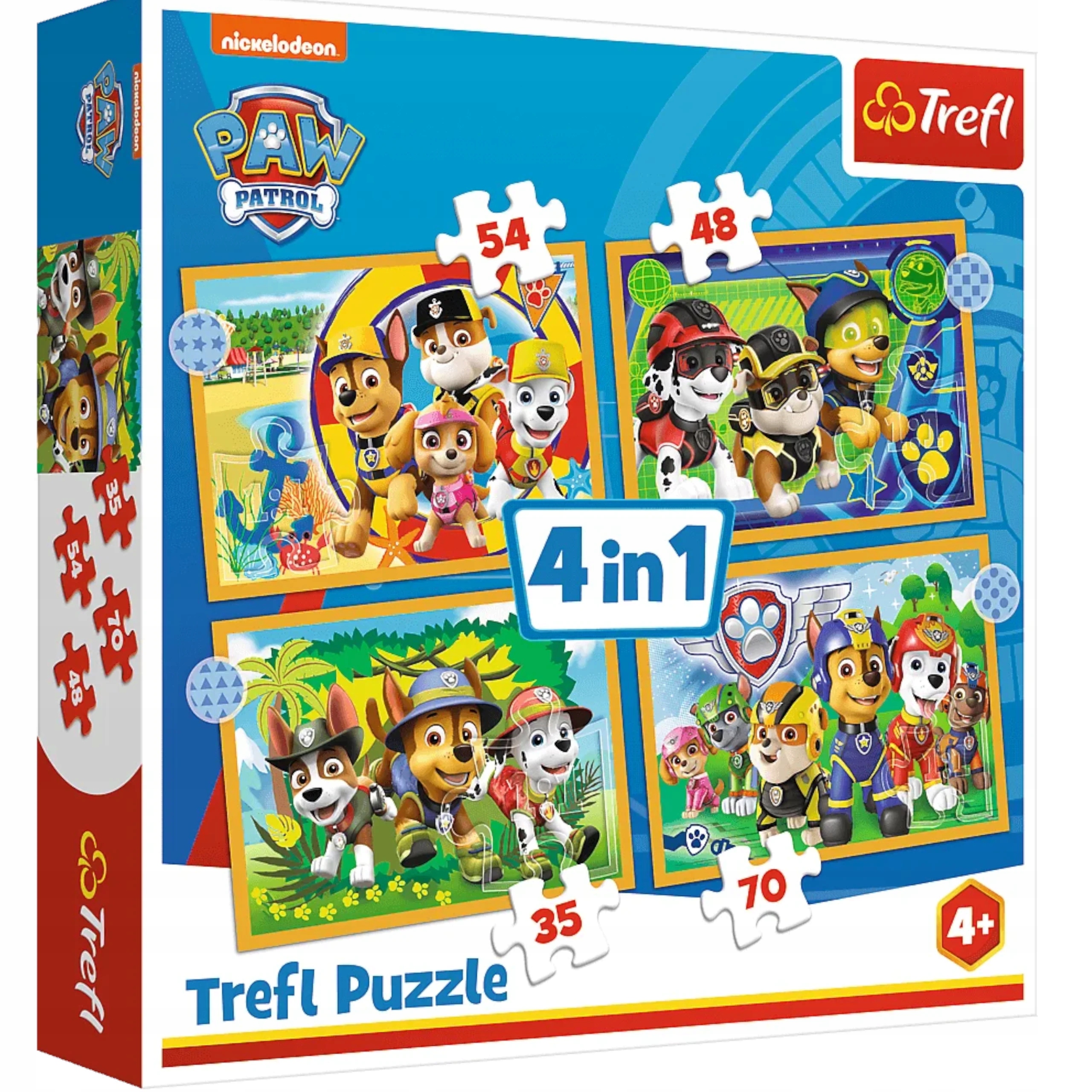 Puzzle 4w1 Psi Patrol wakacyjny 4+ Trefl 34395 Minimalny wiek dziecka 4