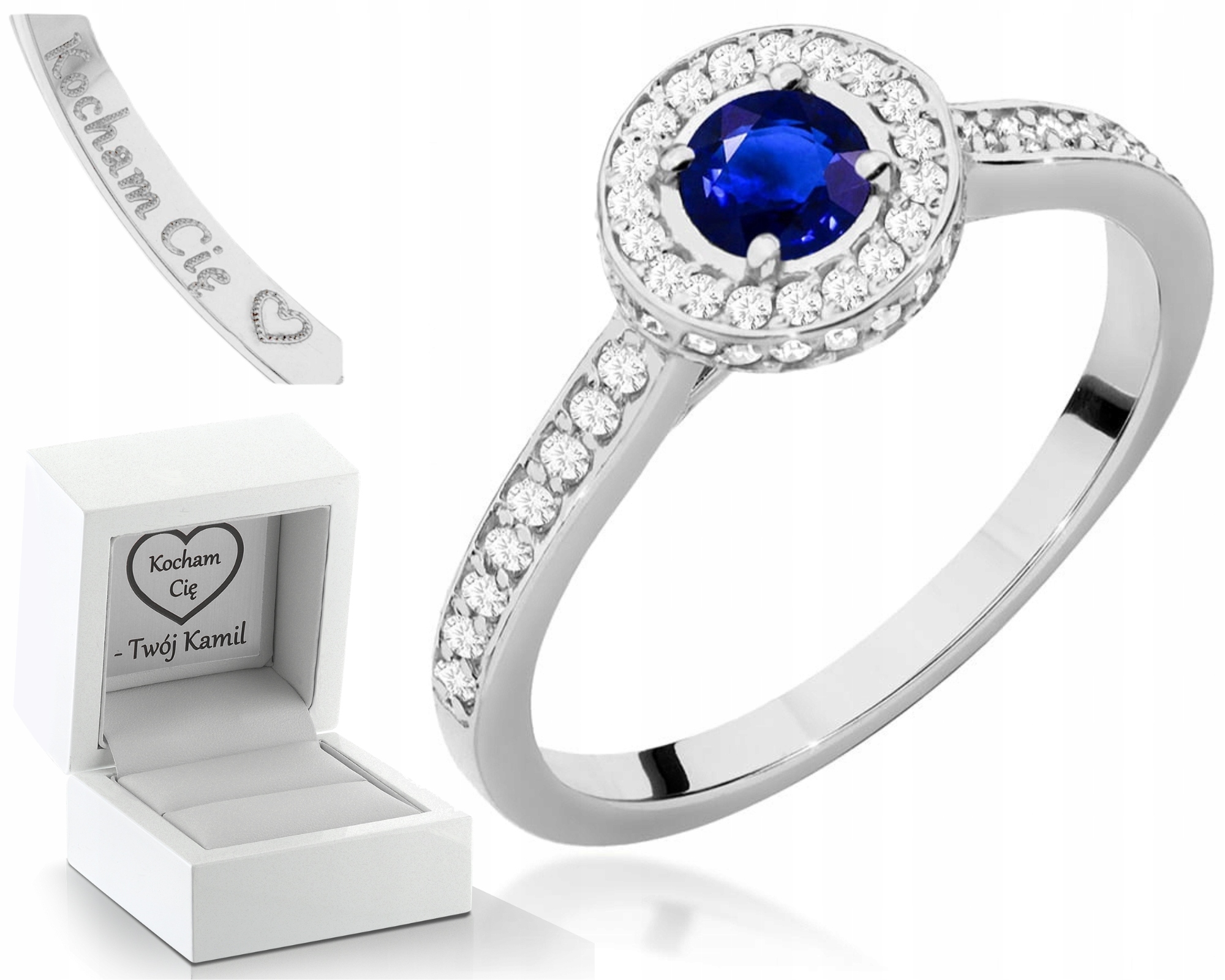 Bílé Zlato Prstýnek S Briliantovým Safírem Gravírování