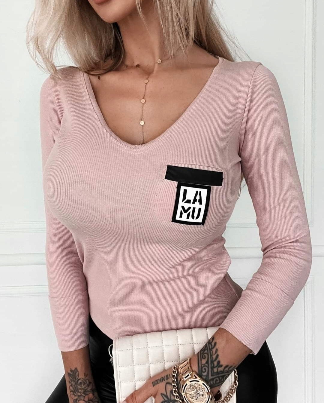 La..Mu růžová pruhovaná halenka V-Eelegance pudrová růžová S/m 1