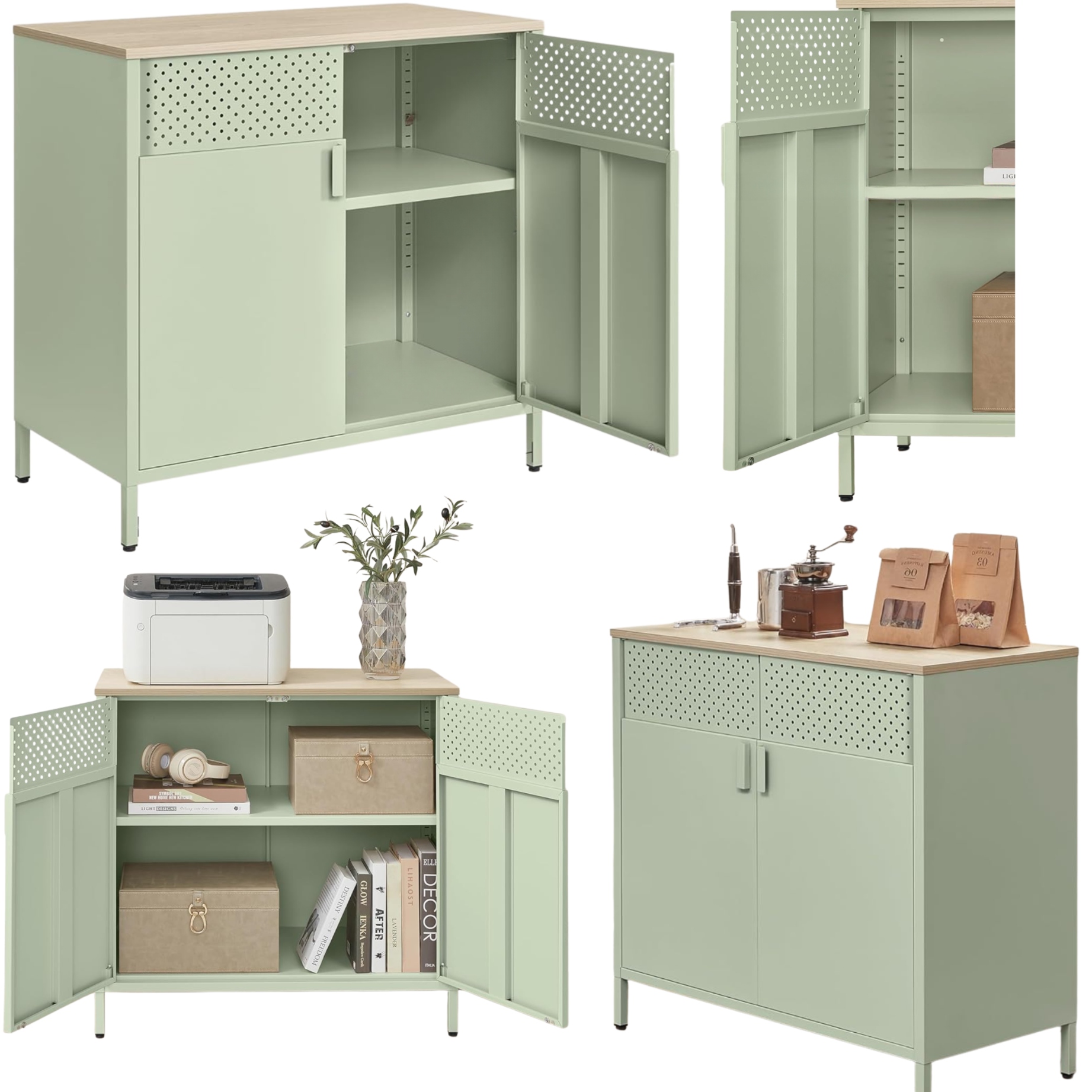 Komoda Zelená Prelamovaná skrinka Regulovateľná polica do kuchynského salónu kovová