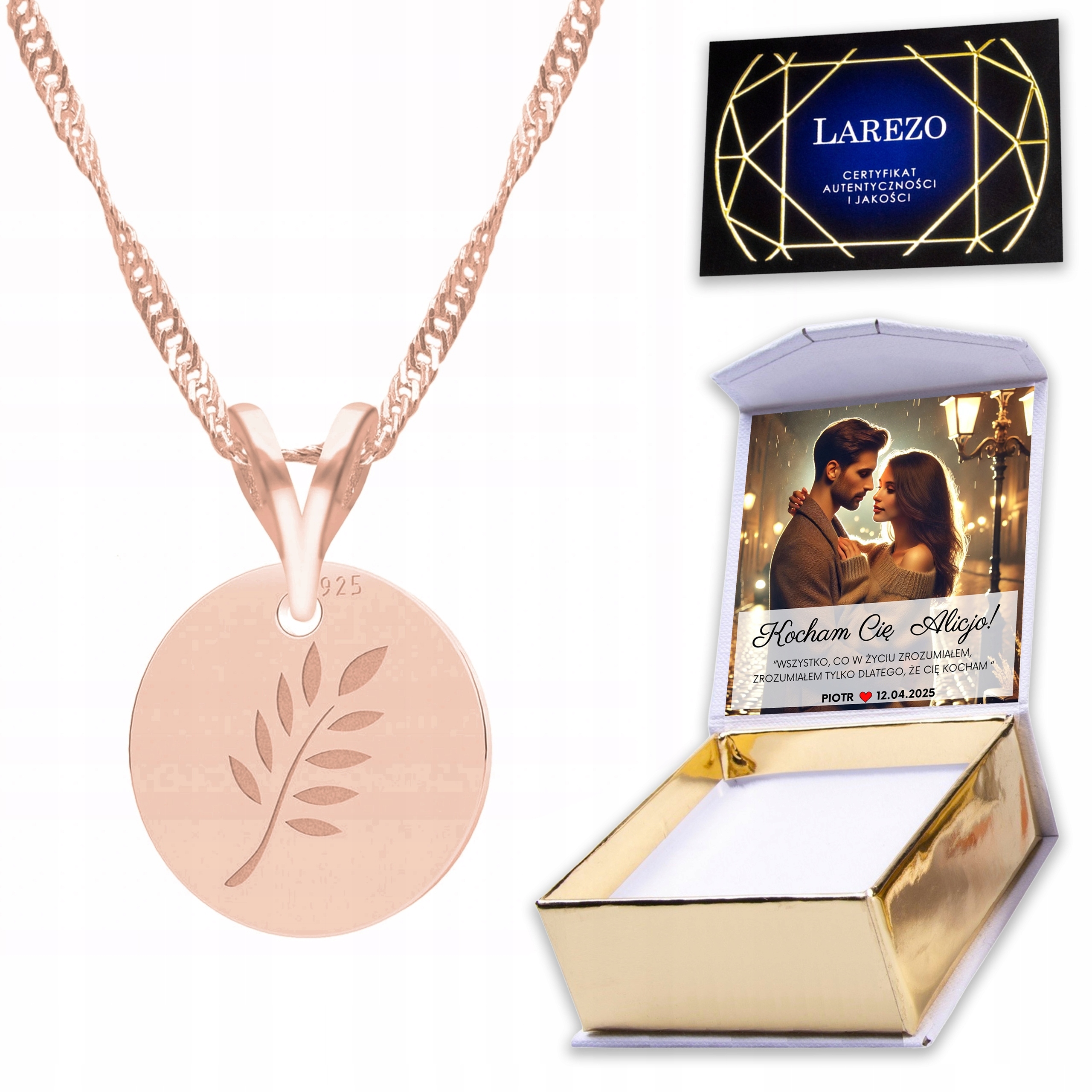 Pozlacený náhrdelník 925 s větvičkou a plechem Větev Stromy Příroda Listy Potisk